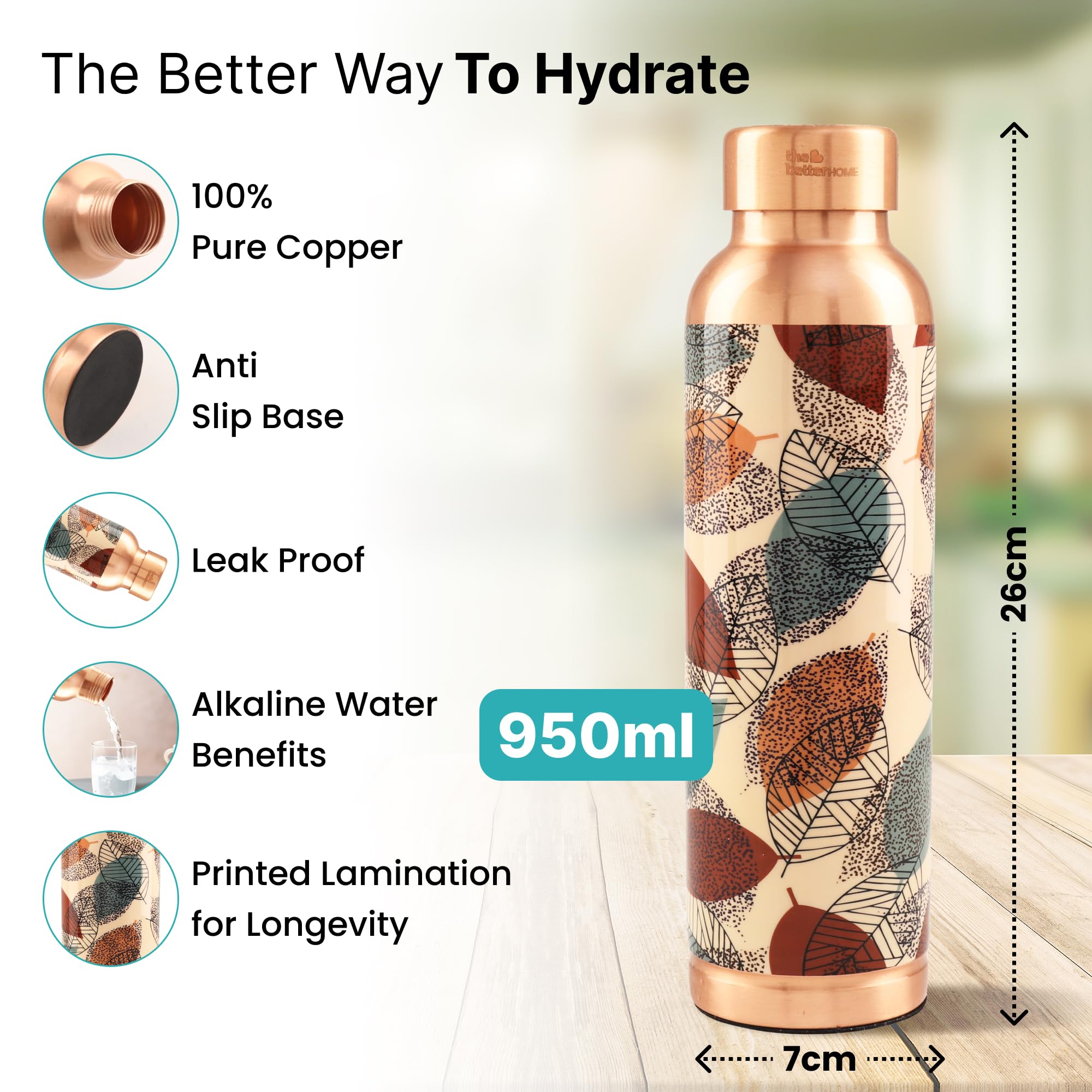 The Better Home Copper Water Bottle, Foliage, 950 ml — Amazon image 2