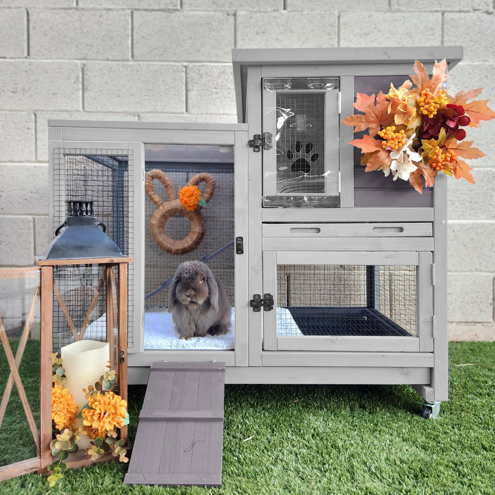 GUTINNEEN Rabbit Hutch Indoor Guinea Pig Cage Outdoor Two Story Bunny House with Wire Mesh Floor, Leakproof Tray and Wheels 40.6" L