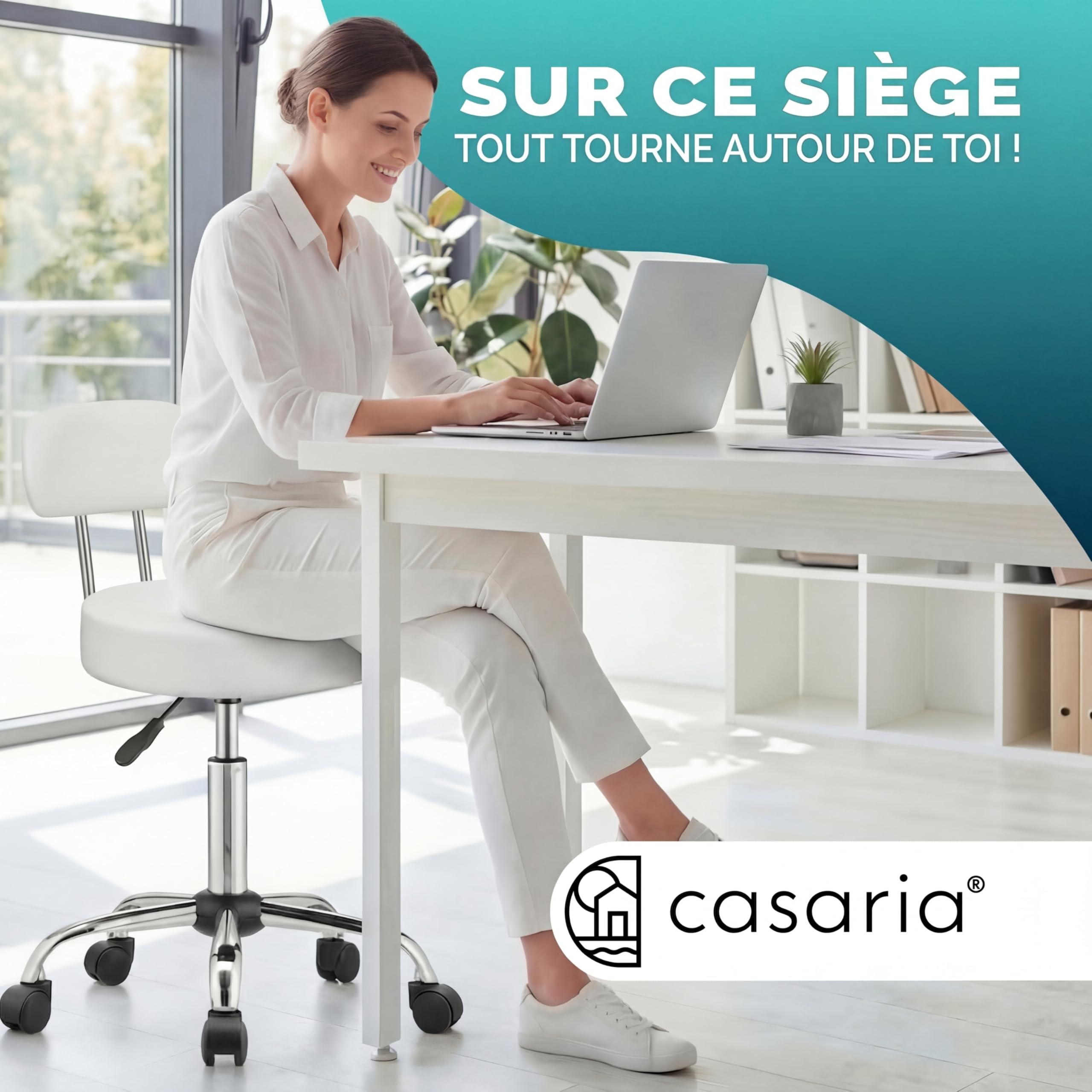 Casaria® Chaise Bureau Gaming Blanche Pivotante avec Dossier, Siège Similicuir Réglable sur roulettes pour Bureau Gaming Ou Fauteuil Salon Polyvalent Adulte Tabouret Coiffeuse