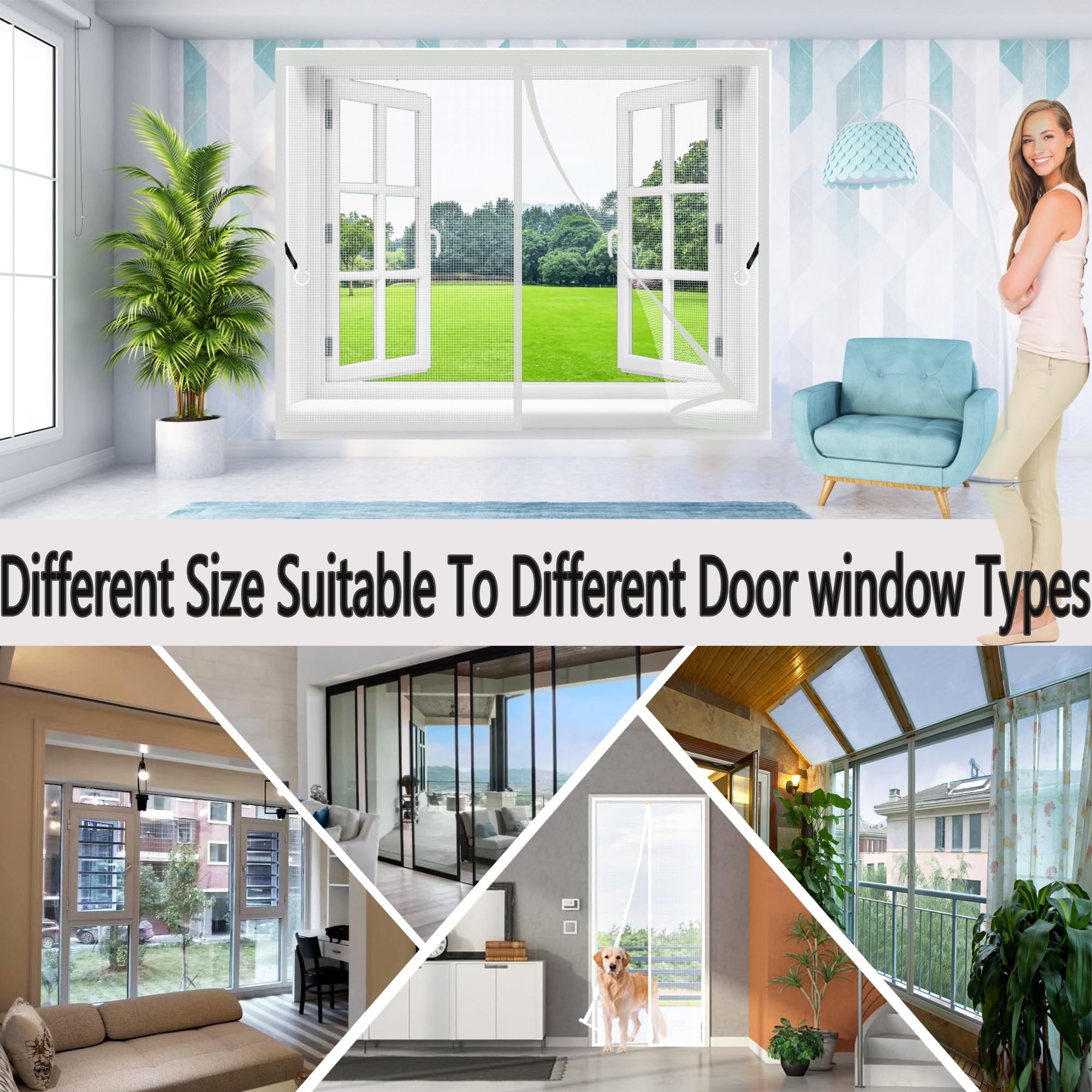 Magnet Fliegengitter Fenster Insektenschutz,240x260cm Netz Feines undurchdringliches Gitter,Klettverschlussrollen inklusive,vollmagnetisch,schließt automatisch Weiß