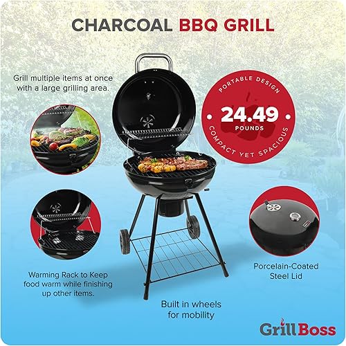 Miniatura 3 de Grill Boss - Parrilla de carbón con gran área de cocción de 22 pulgadas, incluye estante de calentamiento, estante de almacenamiento inferior,
