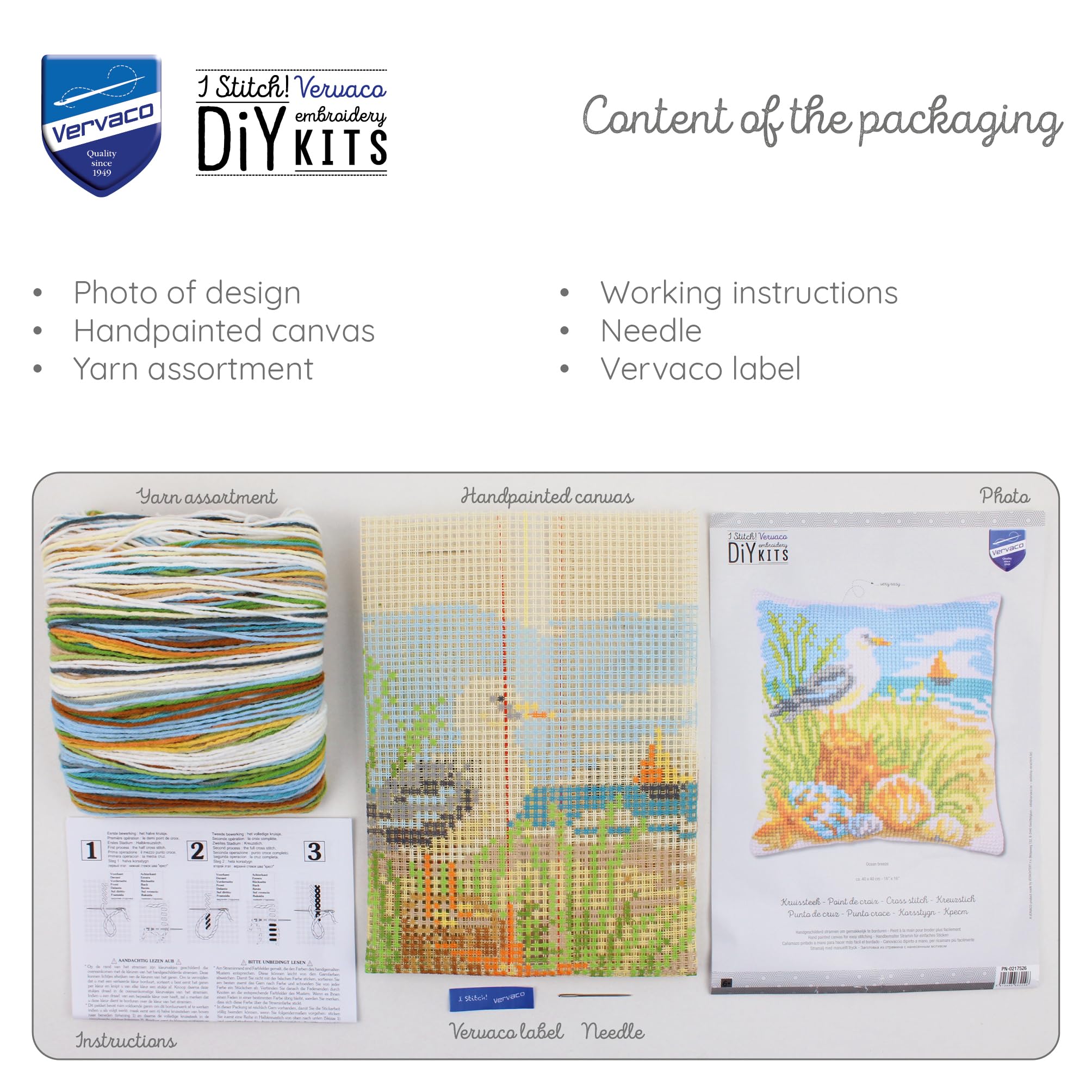 VERVACO Zestaw do Haftu Krzyżykowego Poduszka BRYZA OCEANICZNA Kanwa z Nadrukiem 40 x 40 cm Gruba Włóczka Akrylowa Zrób to Sam Dekoracja Domu DIY Cross Stitch Kit