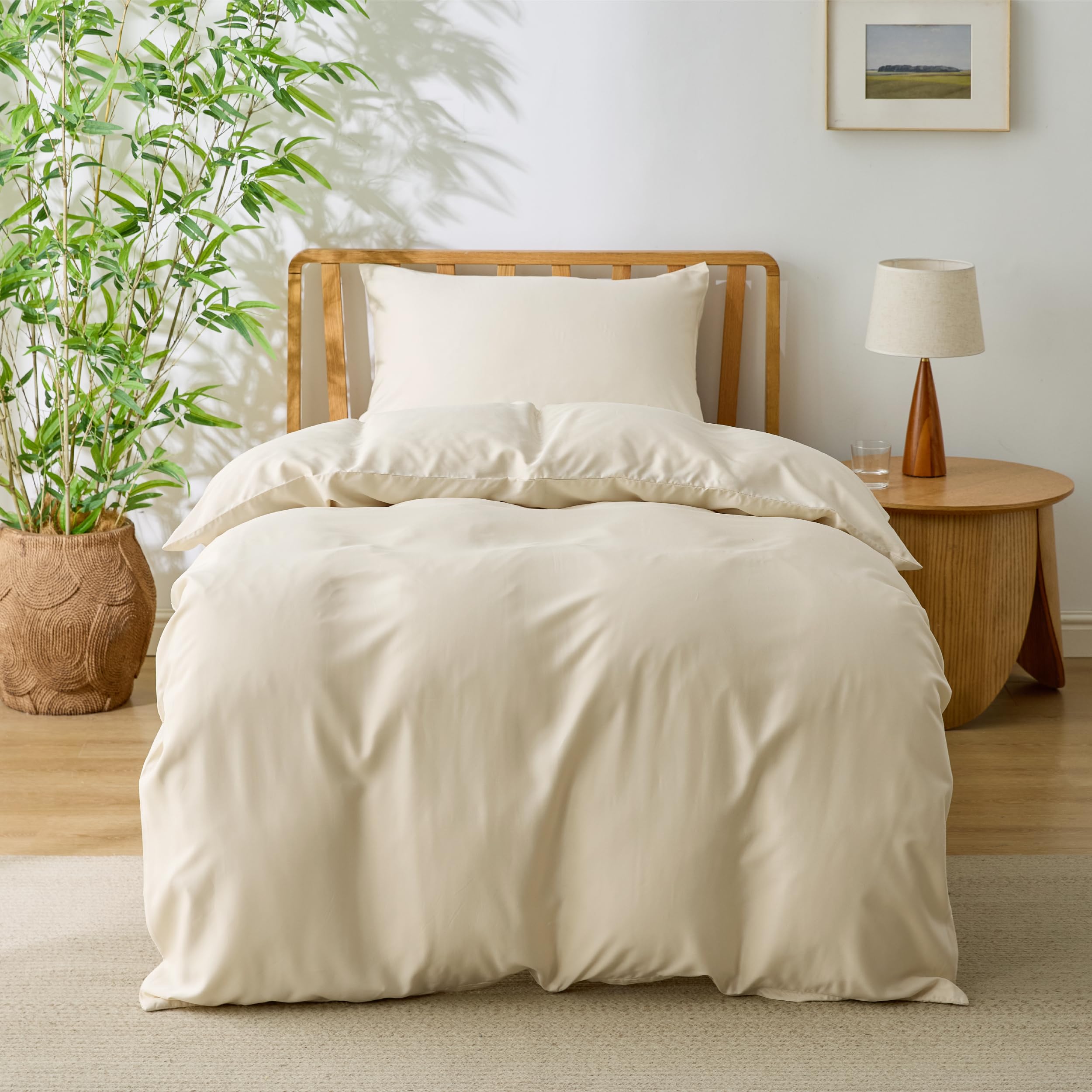 Bedsure Single Duvet Cover Set - 100% Rayon Derived from Bamboo, Cooling Duvet Cover Sets, Breathable & Cool Summer Bedding with 1 Pillowcase, Zipper Closure, Perfect for Hot Sleeper, Beige
