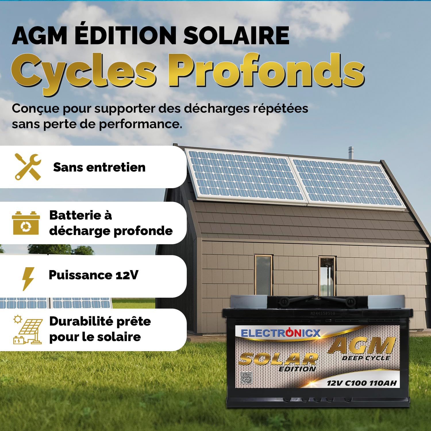 Electronicx Batterie AGM Solaire 12V 110Ah – 110 ah Batterie à Décharge Profonde – Entièrement scellée & sans entretien– Idéale pour Camping-car, Bateau, Yacht, Système Solaire & Autonomie Énergétique