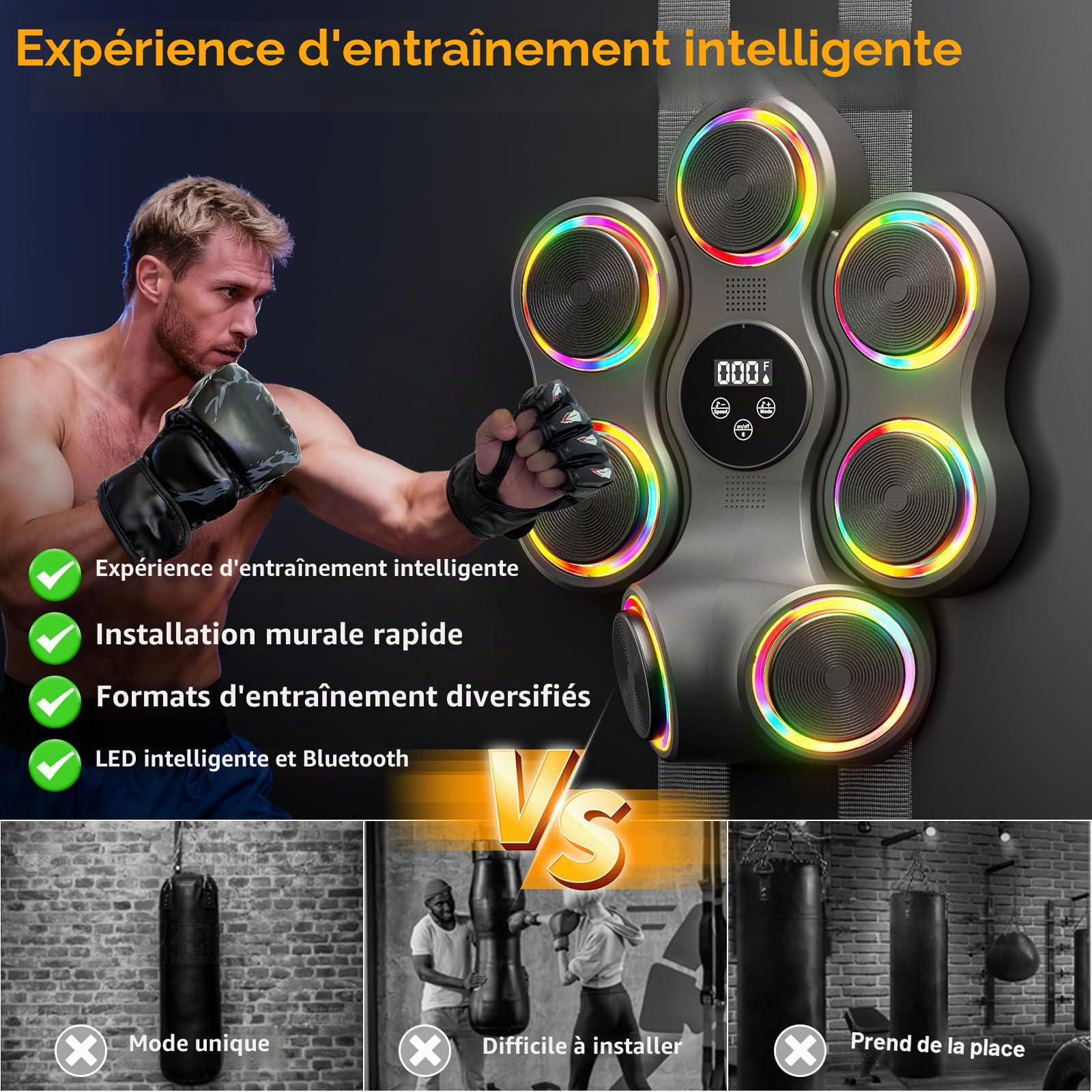 Machine de boxe musicale avec gants de boxe, entraîneur de boxe Bluetooth intelligent, machine de montage mural pour adultes et enfants, cible de boxe électronique pour la maison, le bureau, la salle