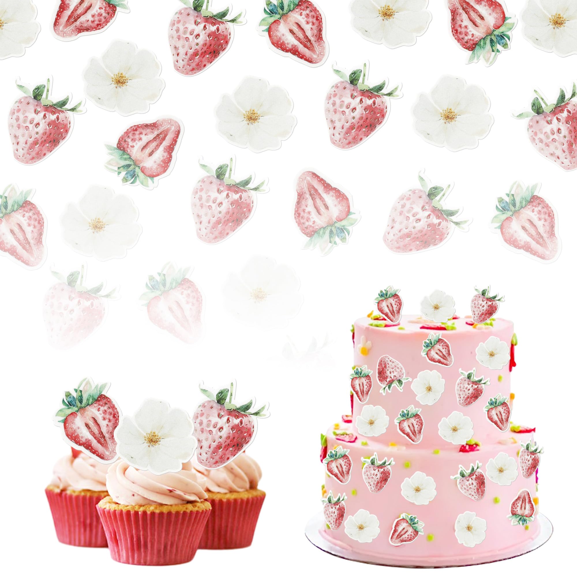Rsstarxi 60 Pack Edible Strawberry Cupcake Toppers Rice Paper Flower Strawberry Sweet Fruit Cupcake Picks for Strawberry Theme Baby Shower Wedding