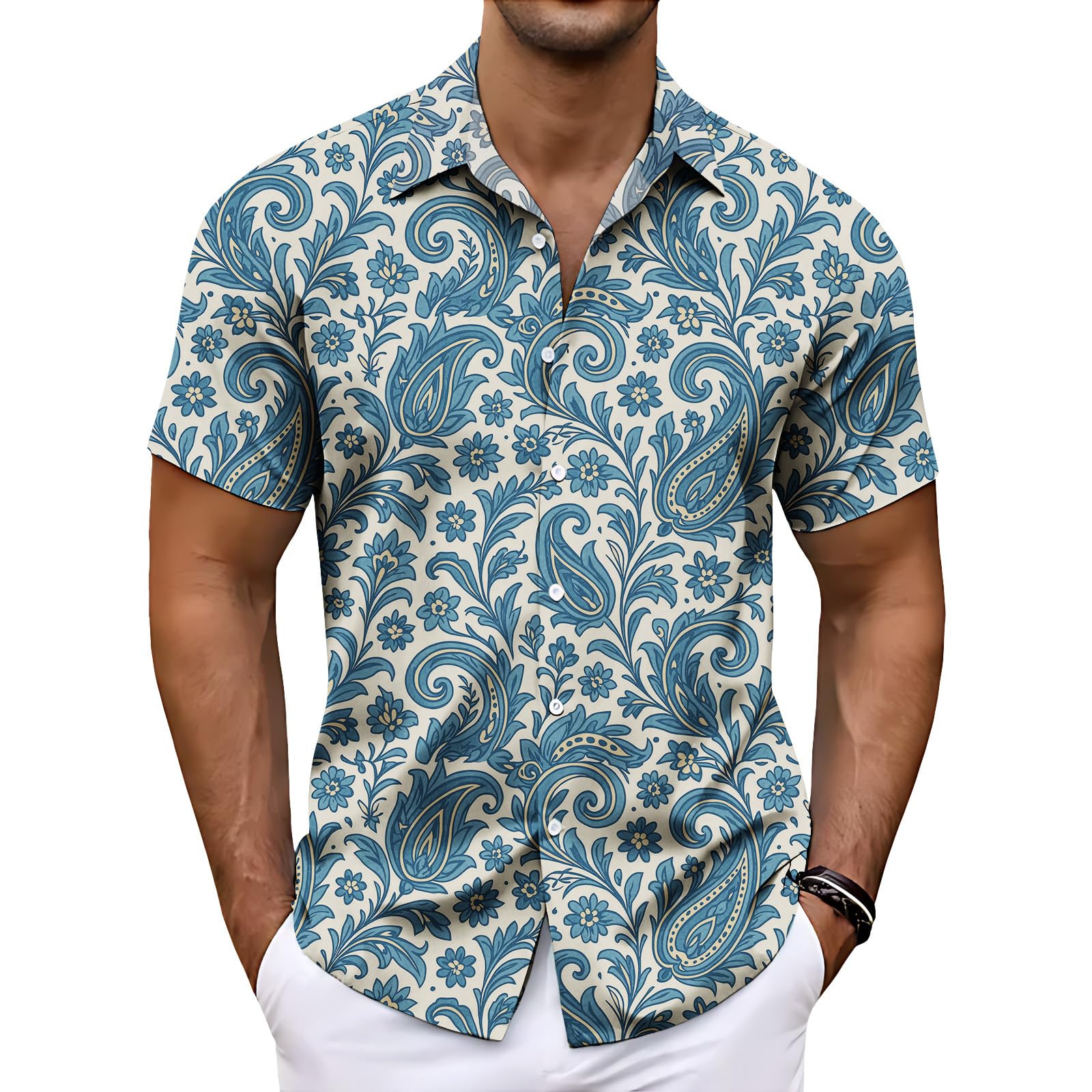 Men's Paisley Print Short Sleeve Button Down Shirt Lightweight Loose Fit Casual Summer Top for Beach Vacation