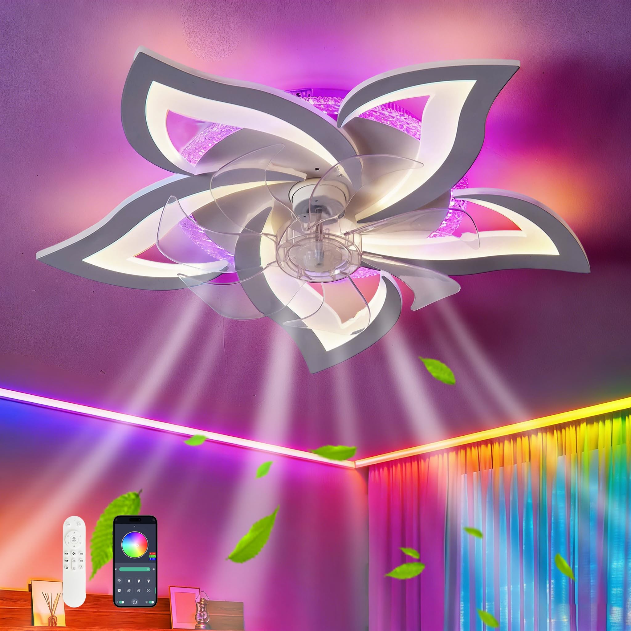 RGB Deckenlampe mit Ventilator Dimmbar LED DC Reversibel 6 Gang Fernbedienung Weiß