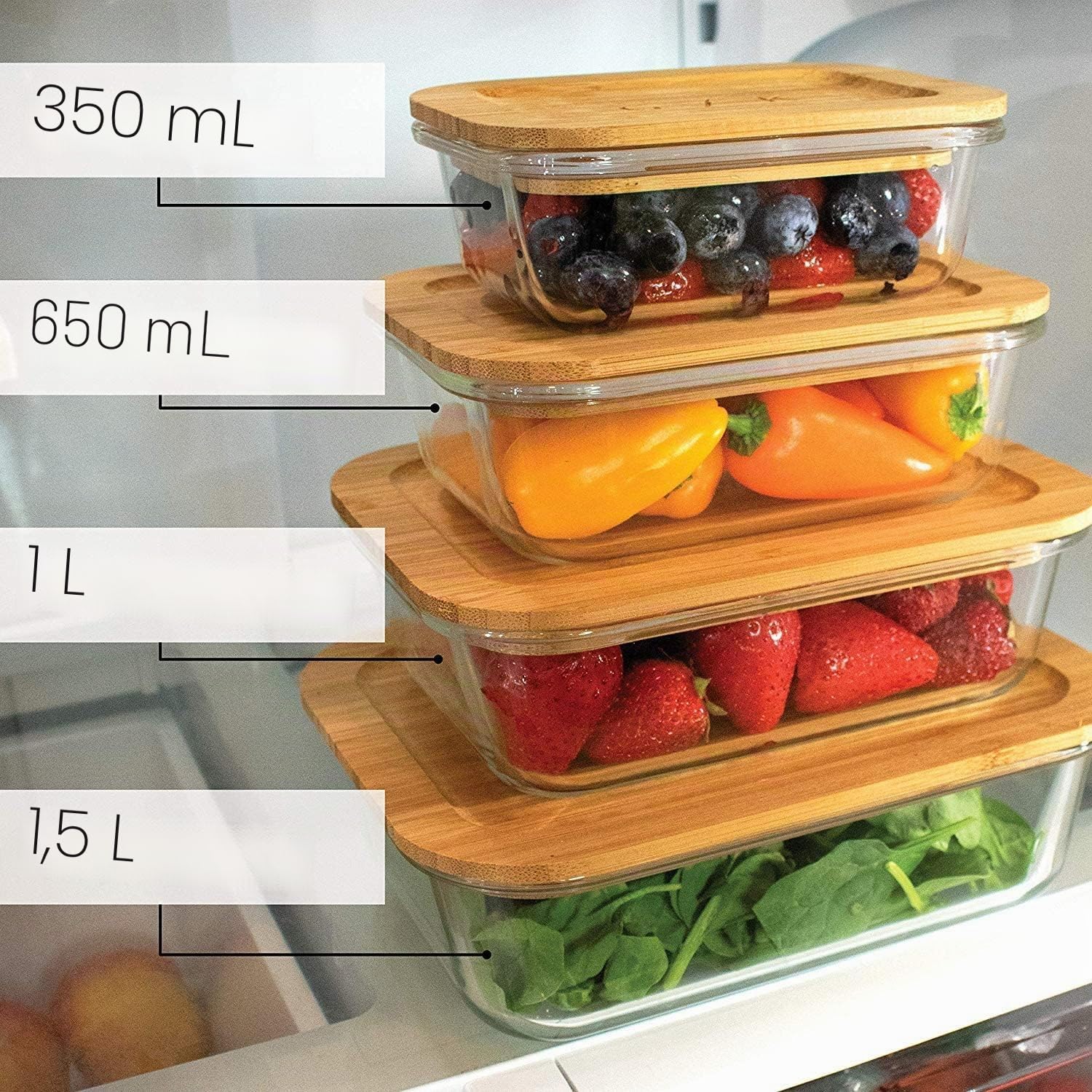 Gramercy Contenitore in Vetro per Alimenti 4x con Coperchio Bambù - Senza BPA, Anti-Perdite