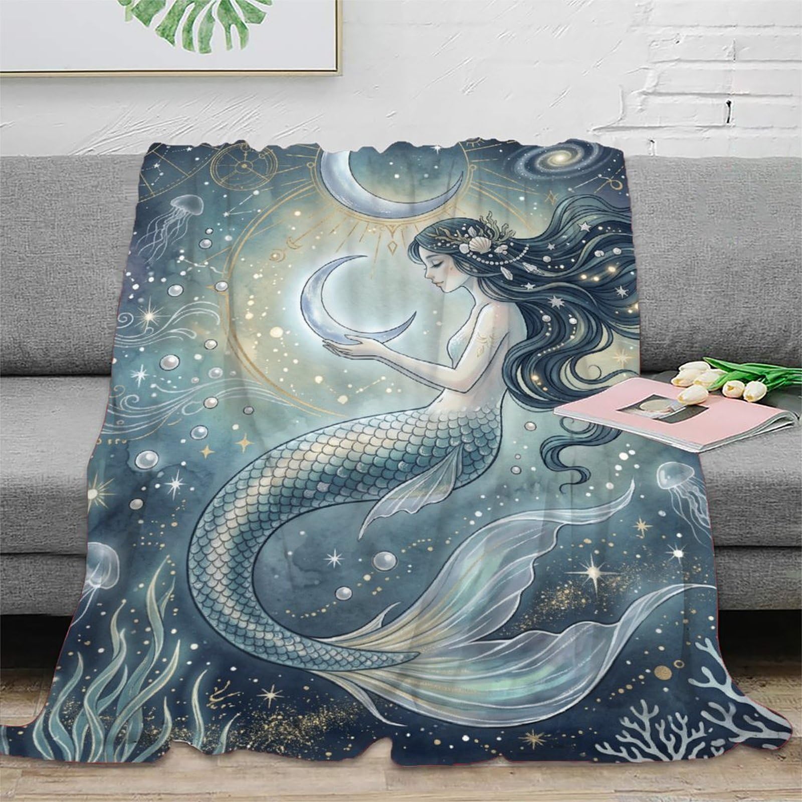 H3B8U2Y5 Moon Mermaid Cosmic Ocean Blanket, Ocean Fantasy, Nap