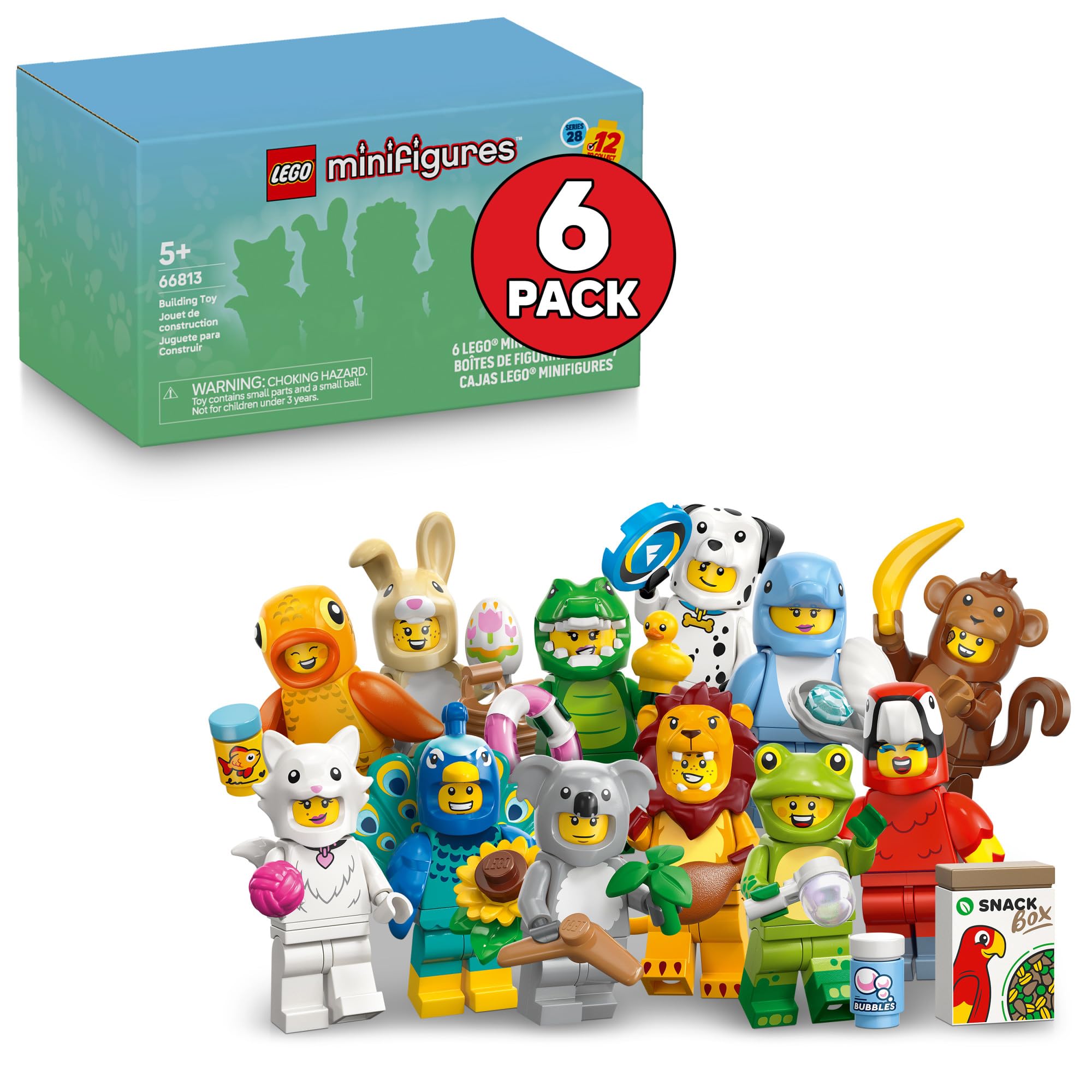 LEGO Minifigures Animal Series 28 6 Pack - Kids Toys in Sealed Mystery Boxes - Animal Themed Figures to Collect - Birthday Party Favors & Gift Idea