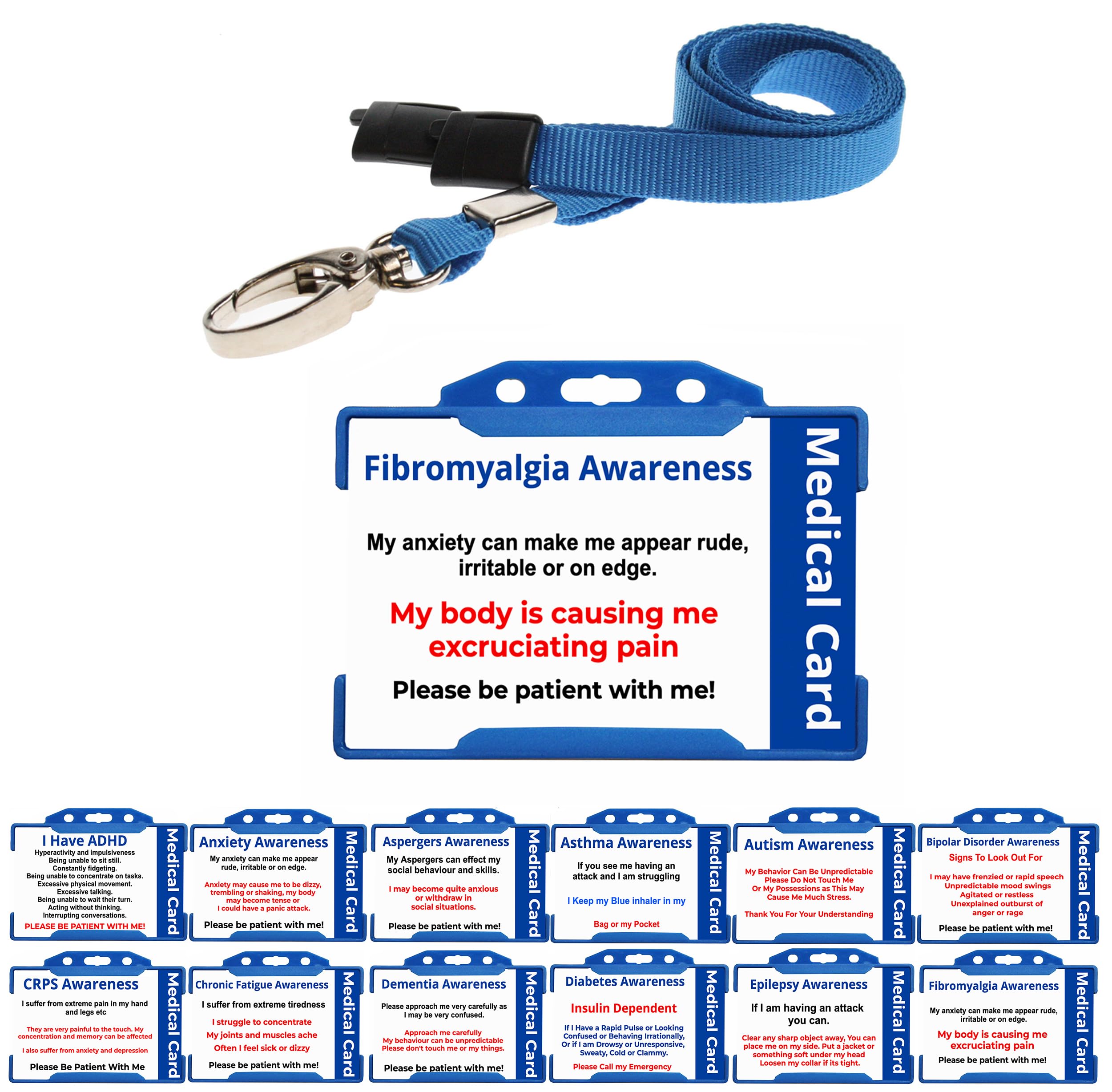 Quantum Leap Printed Plastic Fibromyalgia Awareness Hidden Disability Badge Printed Plastic Medical Card - with Blue Holder & Blue Lanyard โ image 1
