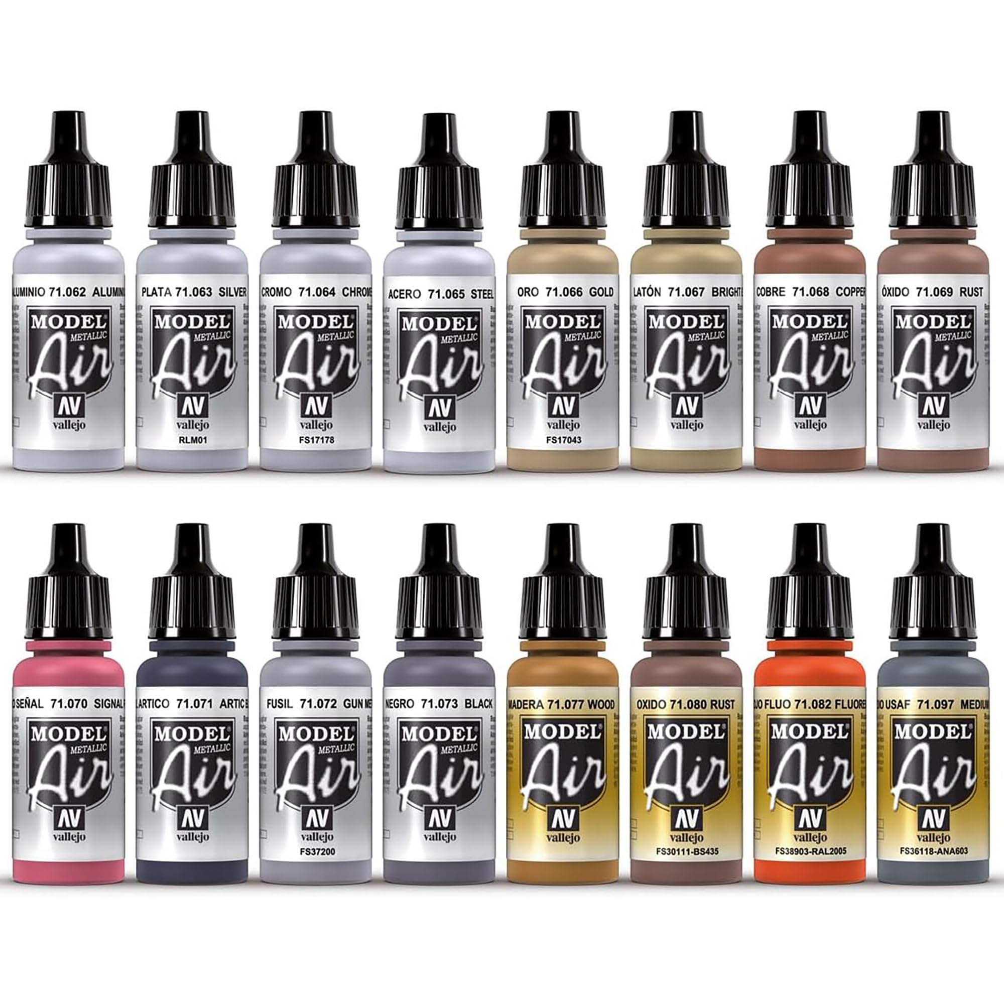 Vallejo Model Air Set: 16 Metallic Colors 17ml Bottles | Acrylic for Airbrush