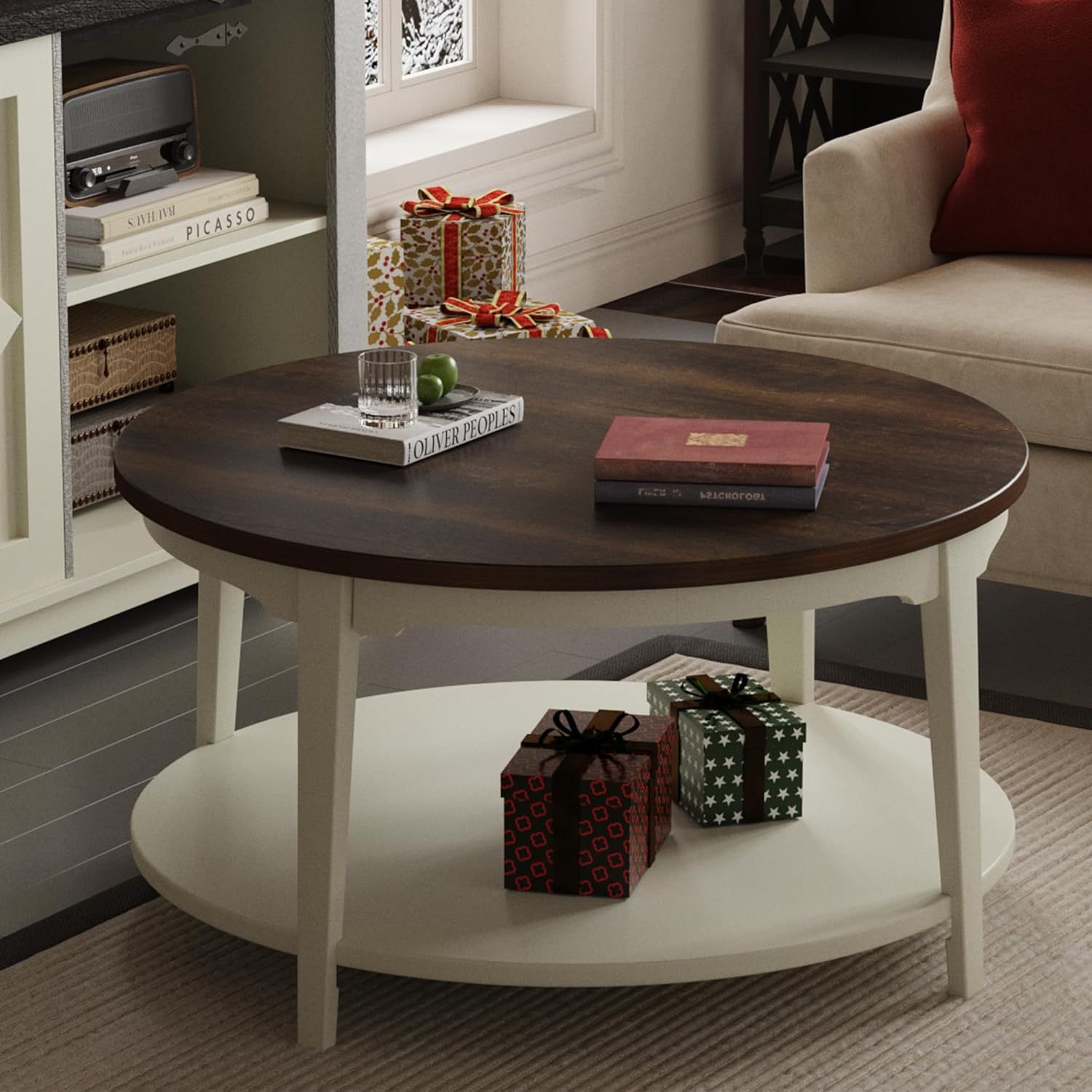 Round Coffee Table, 31.5" Modern Circle Coffee with 2-Tier Storage Shelf, Wood Coffee Table for Living Room Apartment Home Furniture, Easy Assembly Dark Grey Desktop