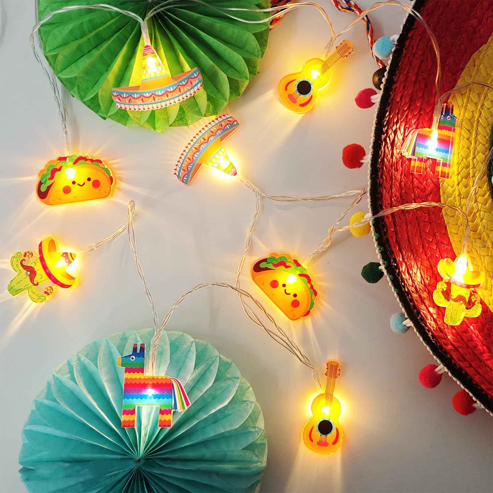 Cinco De Mayo Mexican Fiesta Theme Party Decorations String Lights, Fairy 10Led Battery Operated with Timer, Piñata Guitar Taco Sombrero Hat Cactus with Maracas Shaped Birthday Decor Tree Ornaments