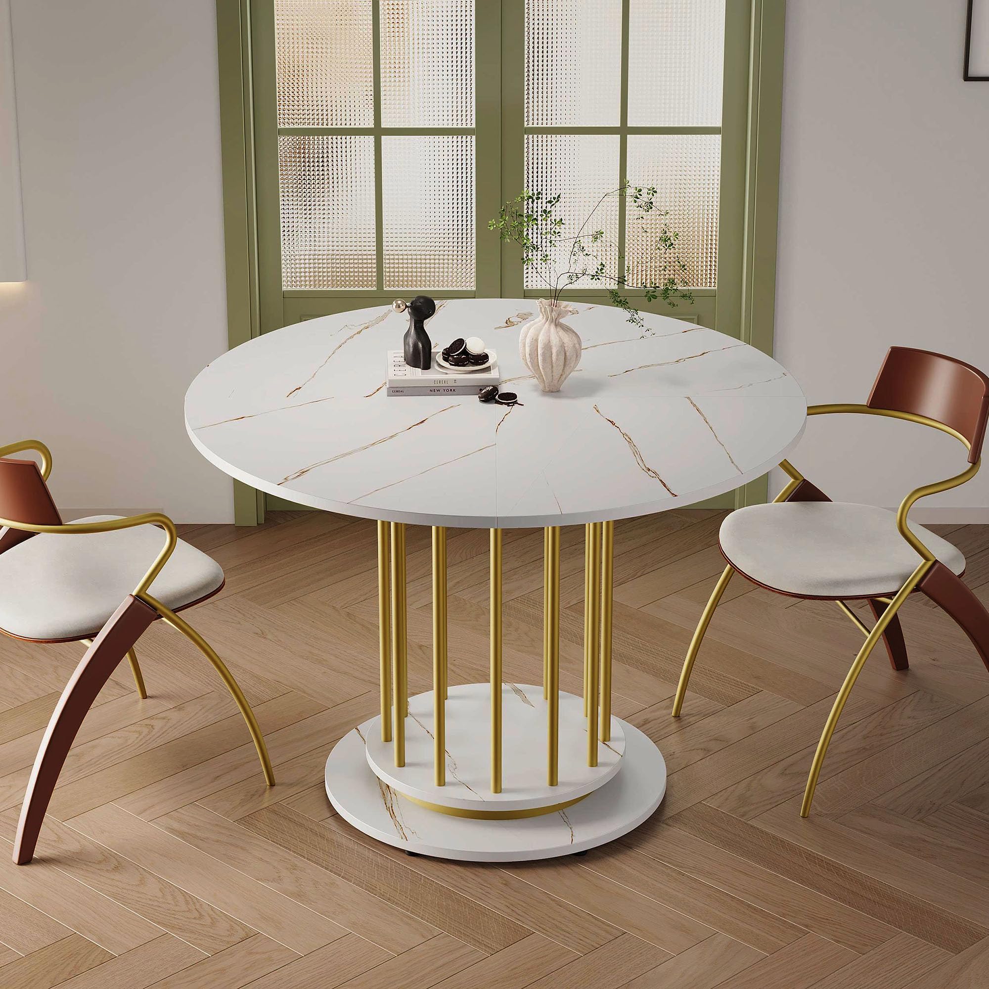 Nowoczesny okrągły marmurowy stół jadalny z metalową ramą, oszczędzający miejsce design dla 2-4 osób, idealny do kuchni lub salonu stylowe białe wykończenie