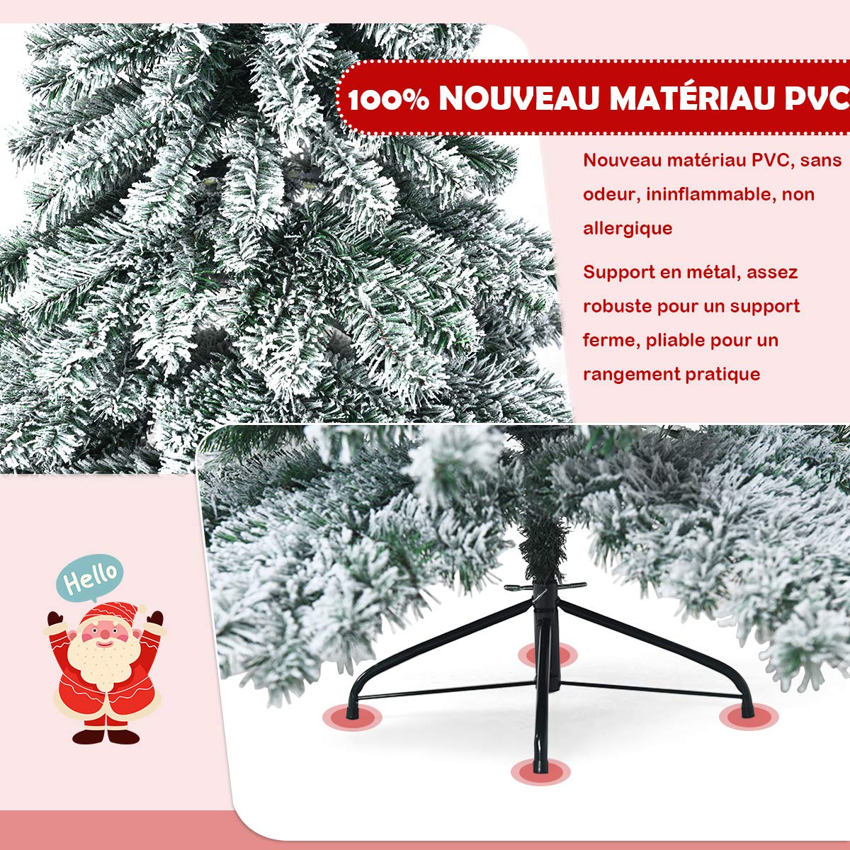 GOPLUS 180CM Sapin de Noël Artificiel Enneigé, avec 657 Branches en PVC Ignifuge, Feuilles Epaissies Inodore, Base en Fer, Arbre de Noël Floqué pour Décoration de Noël
