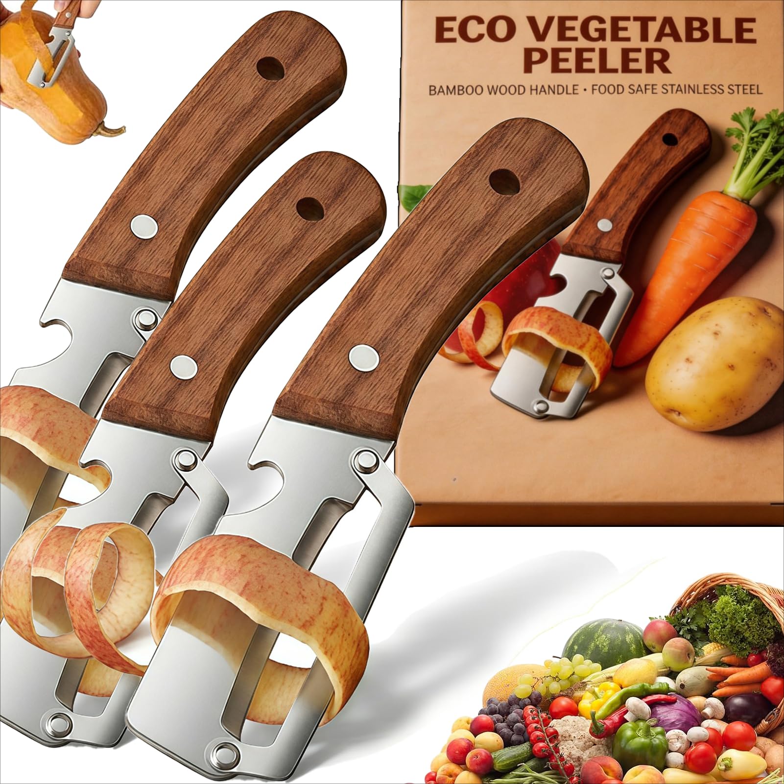 Zero Snag Wooden Peeler, 2027 New Premium Stainless Steel Blade Non-Slip Multifunctional Vegetable Peeler for Apple, Potato, Pumpkin, Papaya (1Pcs) — view 9