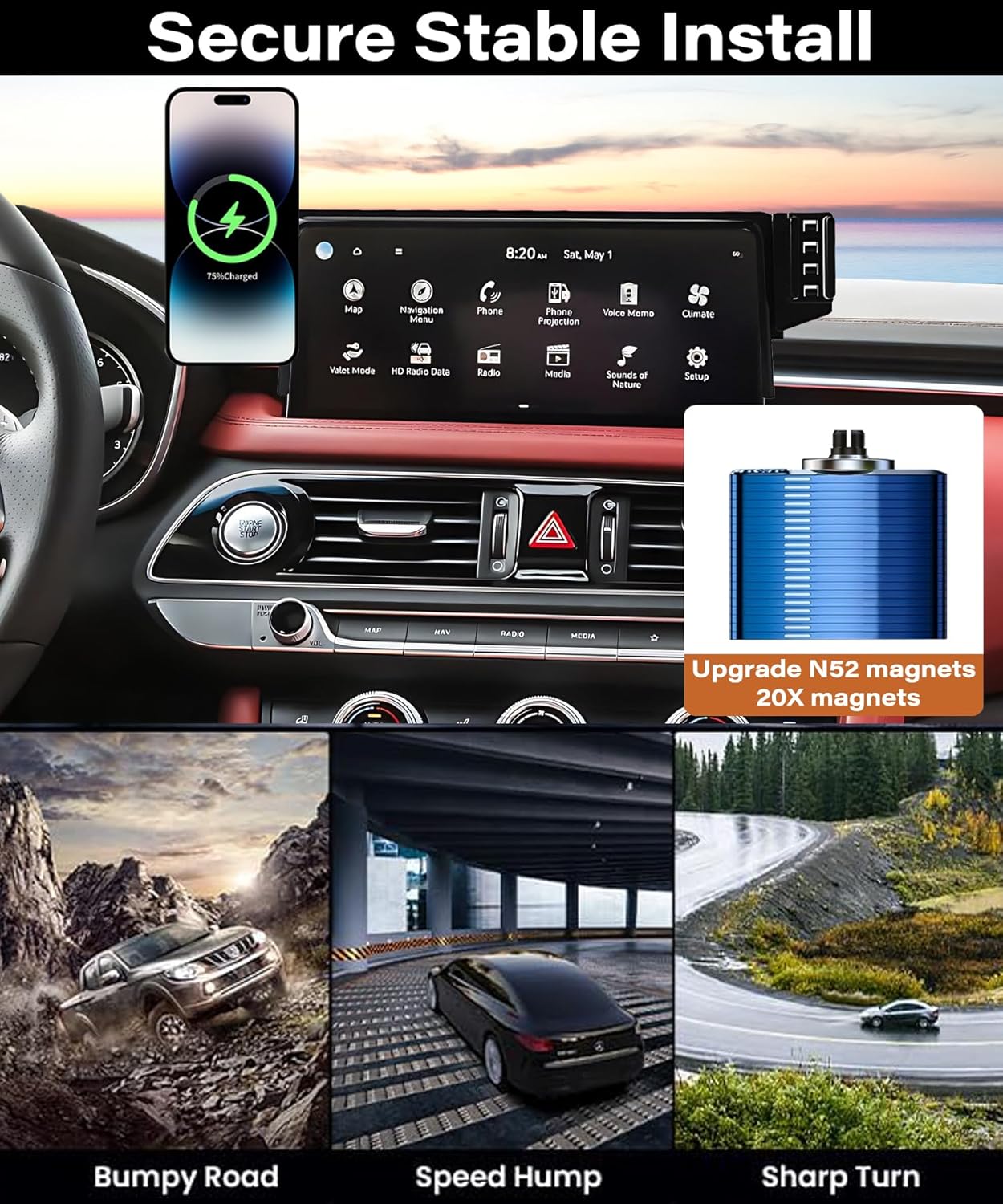 Car Phone Holder for 2022 2023 2024 2025 2026 Genesis G70 Accessories 15W Fast Wireless Charger Screen Fixed Clip HandsFree Cell Phone Mount 360° Rotation (10.25 Inch)