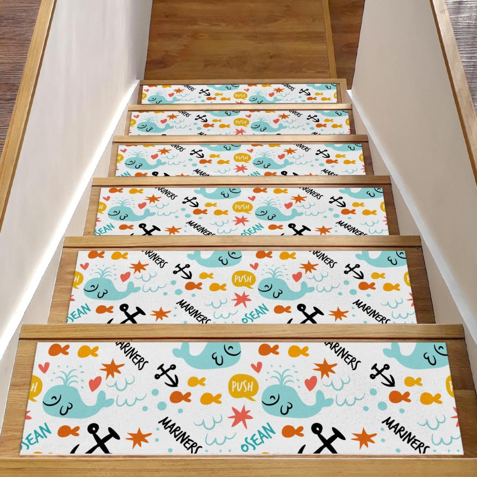 Alfombras para escaleras de madera con ballenas de colores, pack de 15 piezas antideslizantes