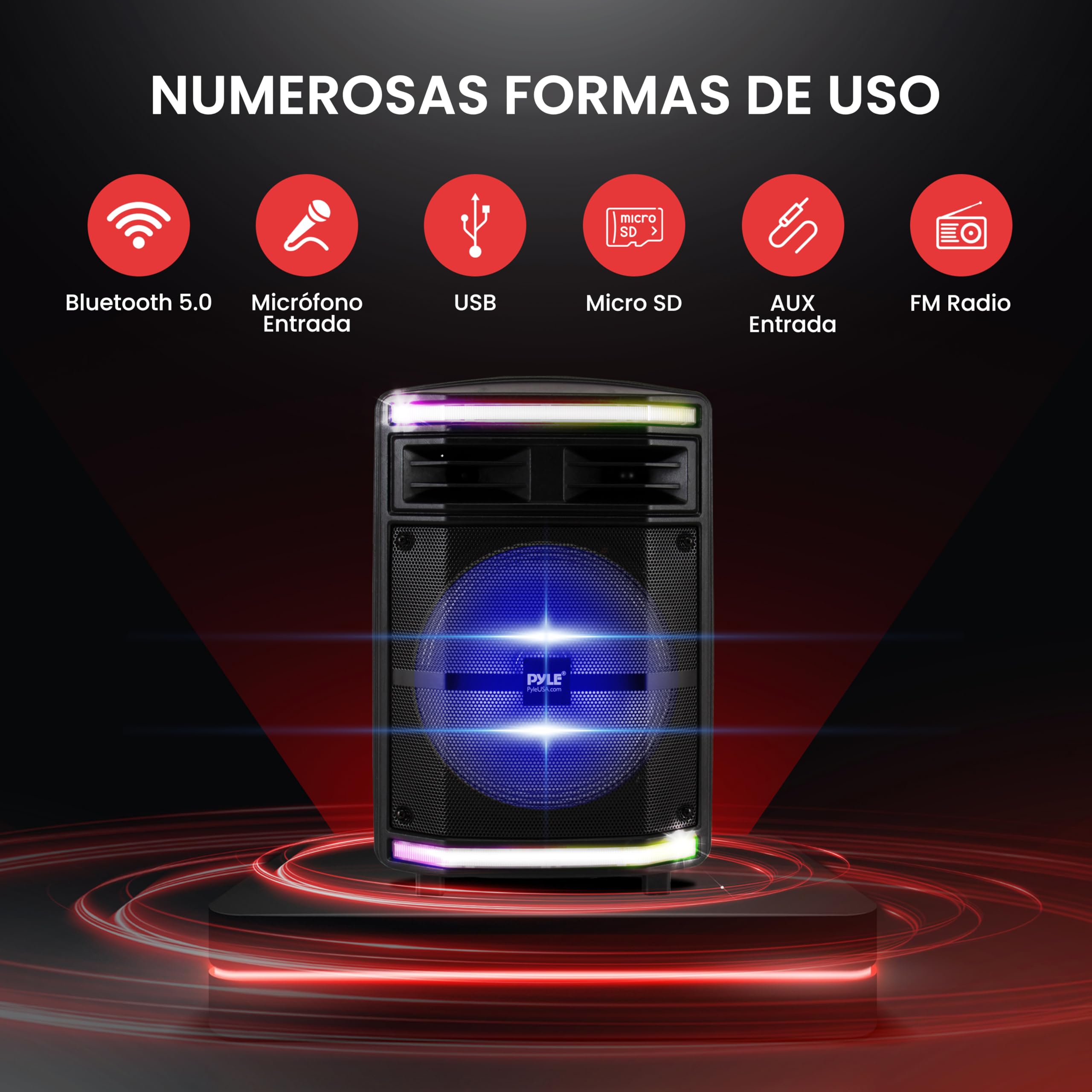 Pyle Altavoz, PA, 600V, Bluetooth, Portatil, Recargable, Exteriores, Luces de Fiesta, Lector de Tarjetas SD MP3/USB