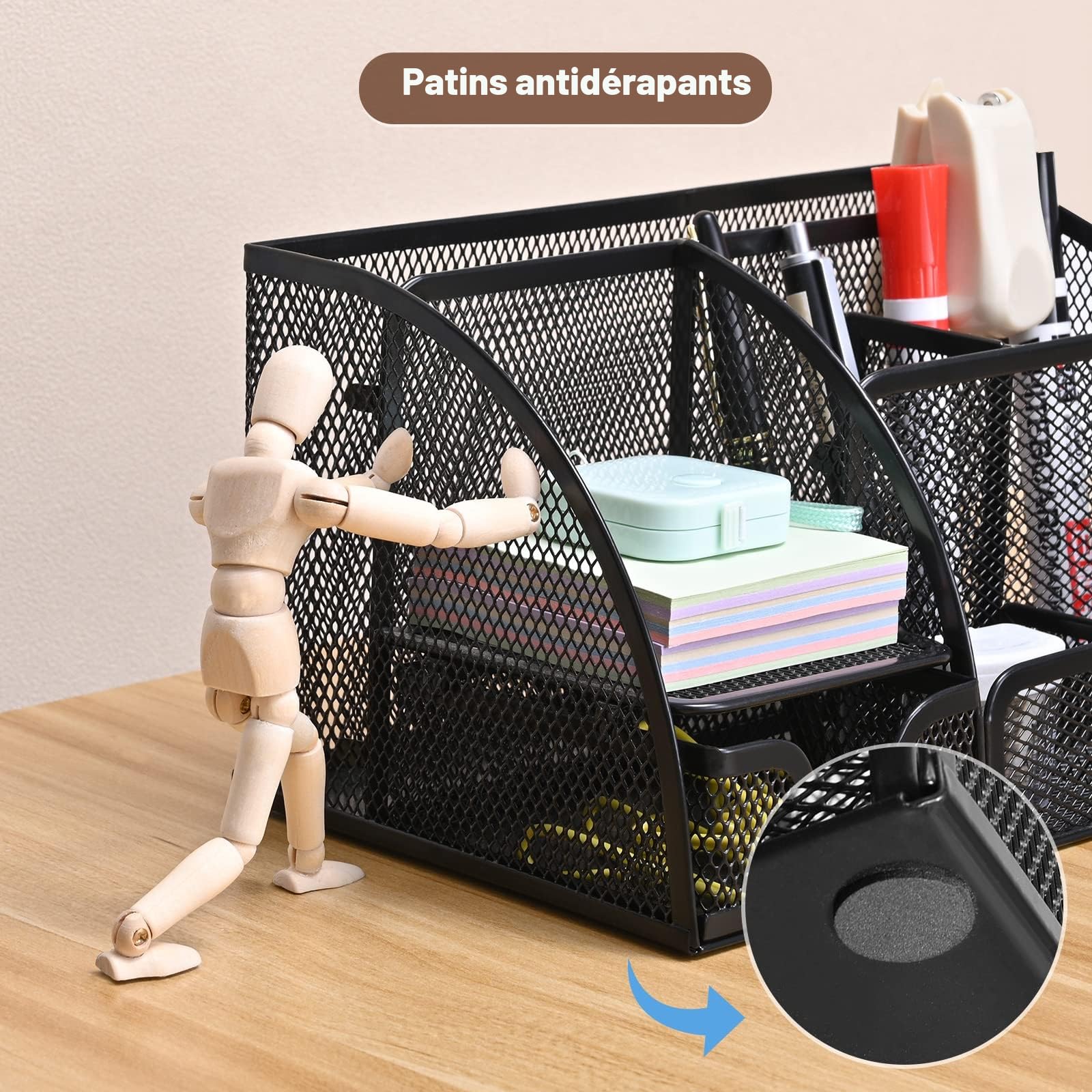 MumdoYAL Organisateur de bureau en maille métallique avec tiroir et porte-stylos pour stylos, notes adhésives, agrafeuses, trombones, compact et élégant pour un gain de place.