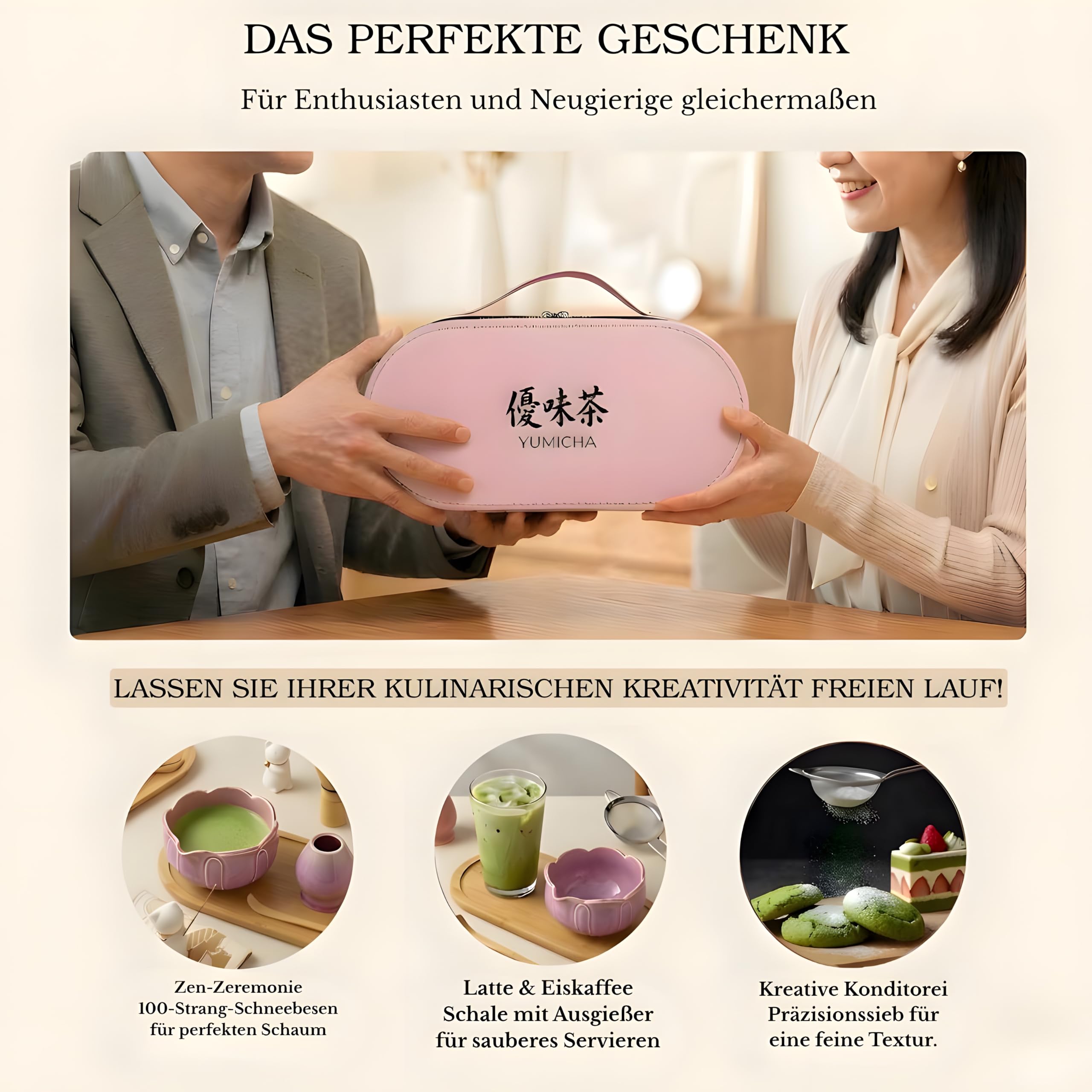 Set Matcha mit Bambusbesen, Keramikschale & Sieb – Matcha Tee Starter Set inkl. Löffel, ideal als Geschenk – Premium Matcha Kit