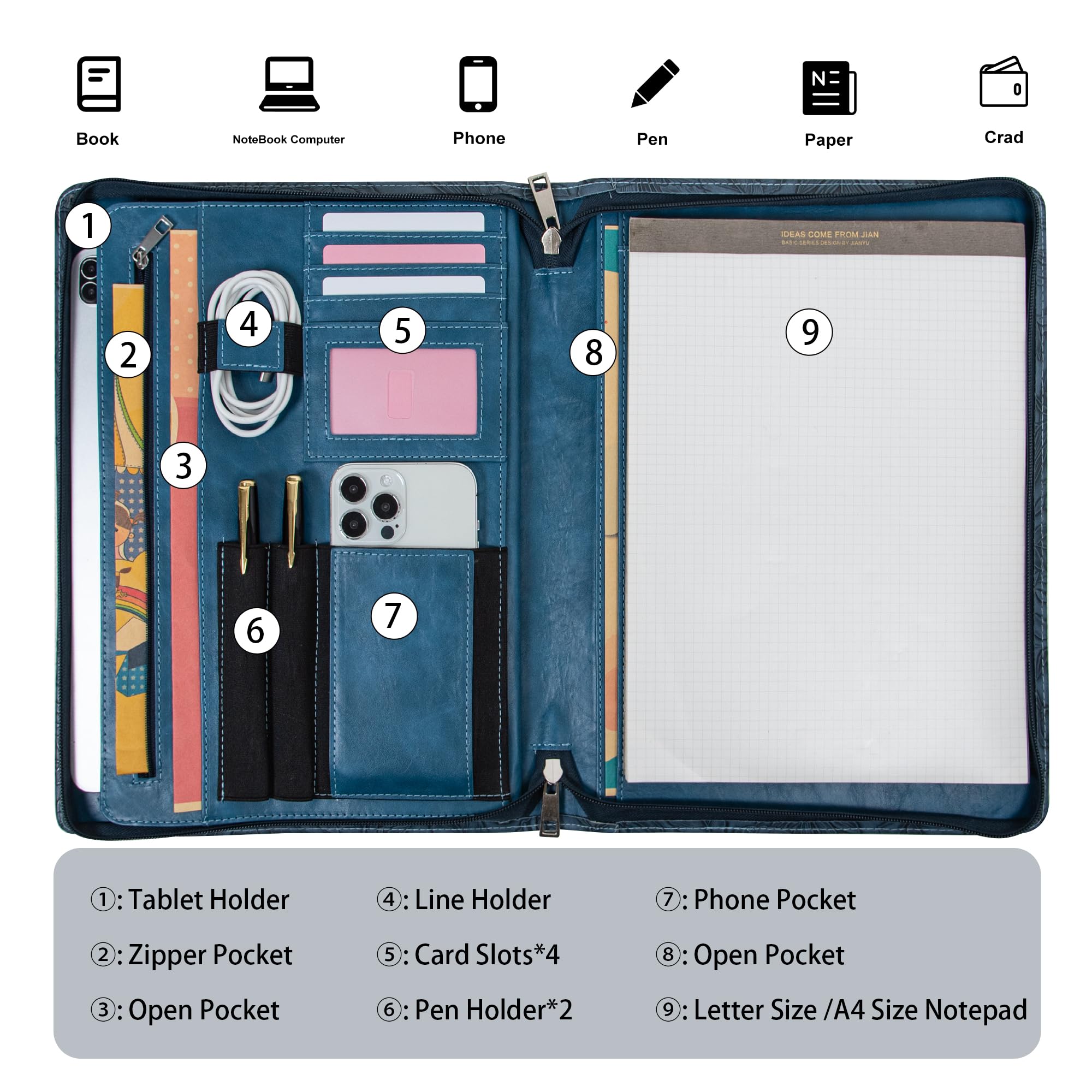Cartera de piel sintética en relieve para mujer, organizador profesional de 3 anillos con soporte para bloc de notas A4, organizador profesional de documentos de negocios para mujeres