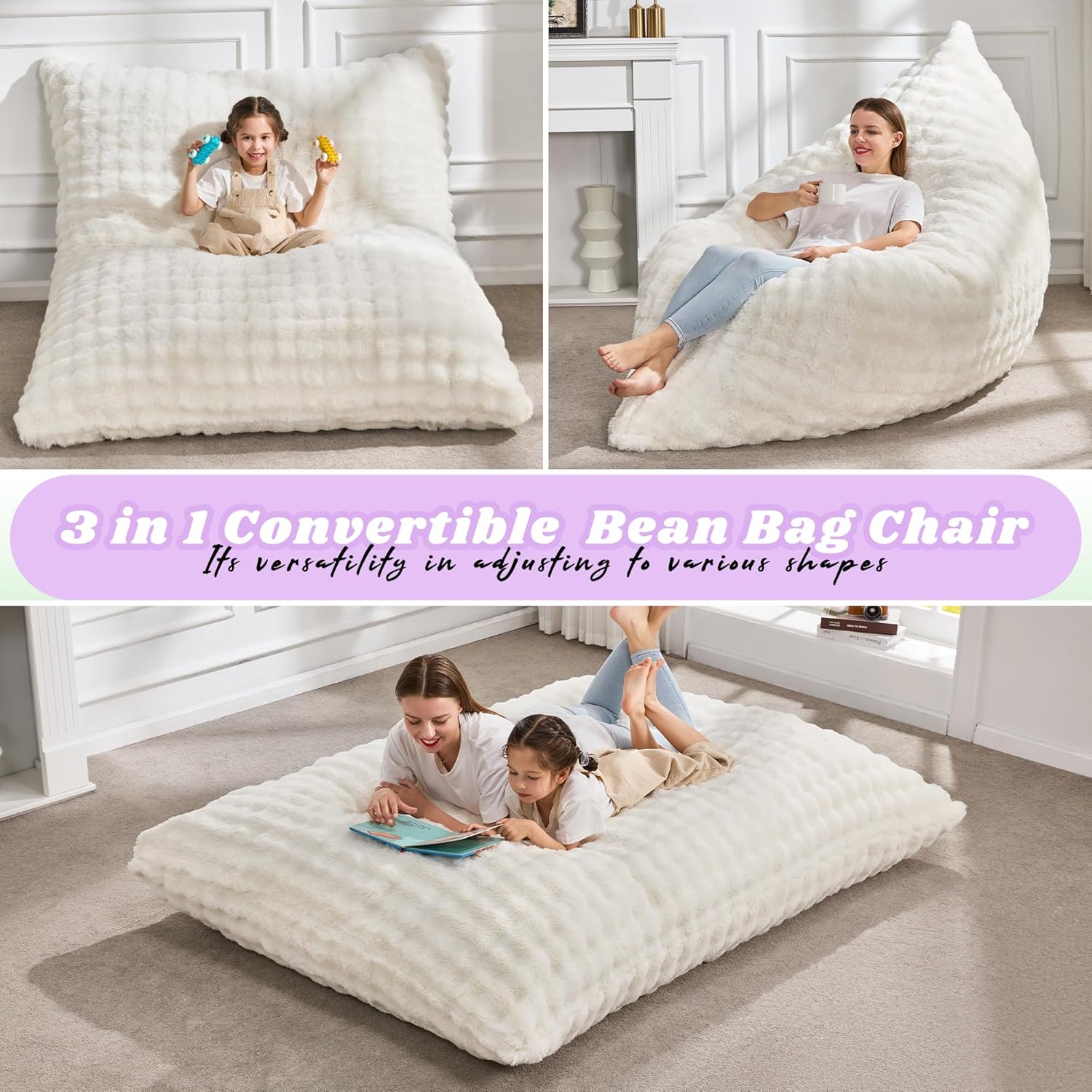 Hobestluk 3 in 1 Bean Bag Chair Giant Bean Bag Chairs for Adults with Bubble Cover Convertible Bean Bag Floor Cushion with Machine Washable Cover for Living Room (Bubble White) - Image 3