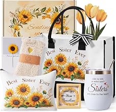 Sister Gifts From Sister Brother,Pamper Gift for Women Soul Sister in Law | Sunflower Birthday Valentines Day Basket,Unique Friendship Hamper Set for Best Friends Bestie Female BFF w/ Canvas Tote Bag