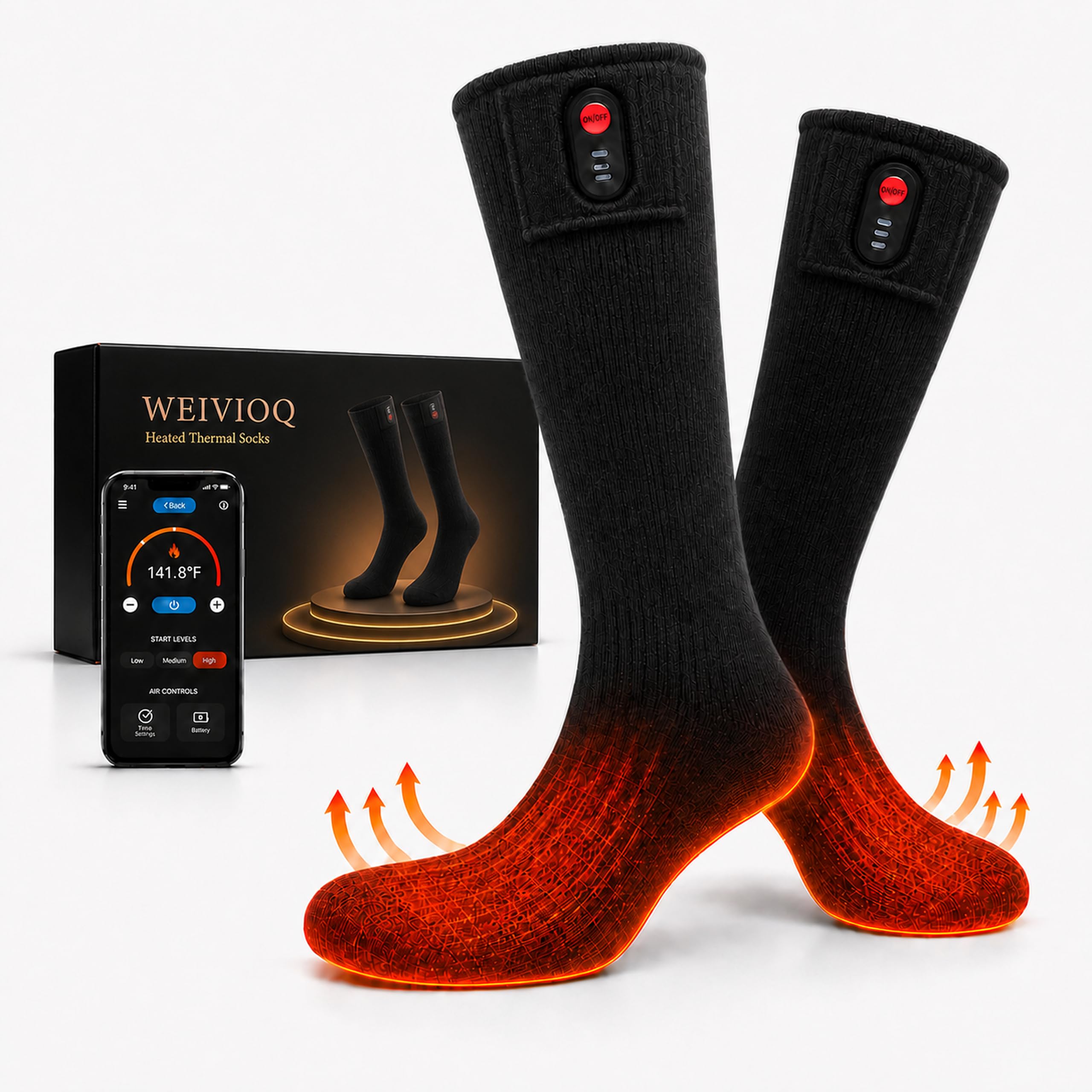 Beheizbare Socken für Damen und Herren, elektrische Heizsocken mit 7000-mAh-Akkus und App-Steuerung, 3 Heizstufen, Thermosocken für Skifahren, Jagd, Wandern und Camping