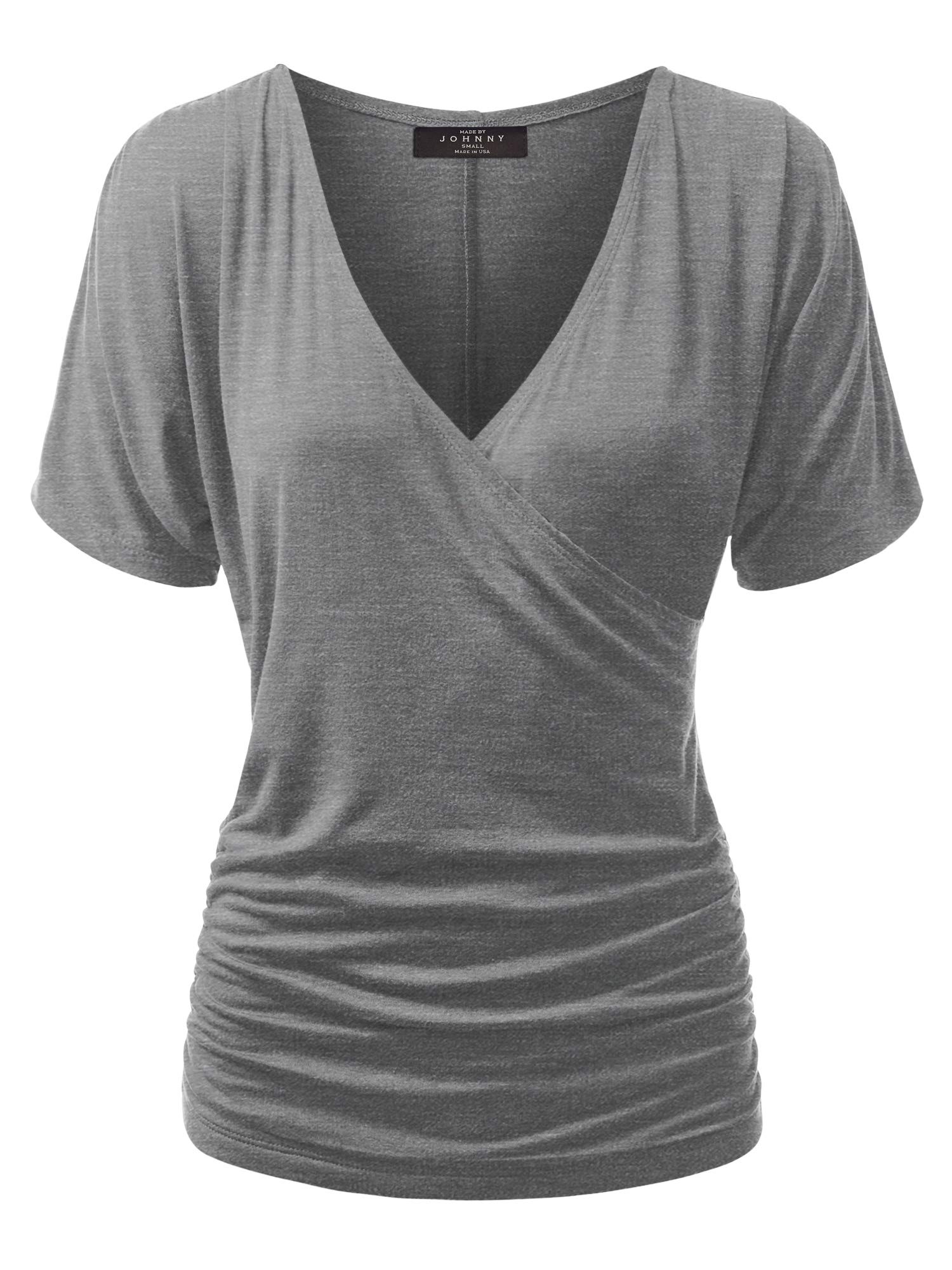 Made By Johnny Women's V Neck Short Sleeve Wrap Front Drape Dolman Tunic Top