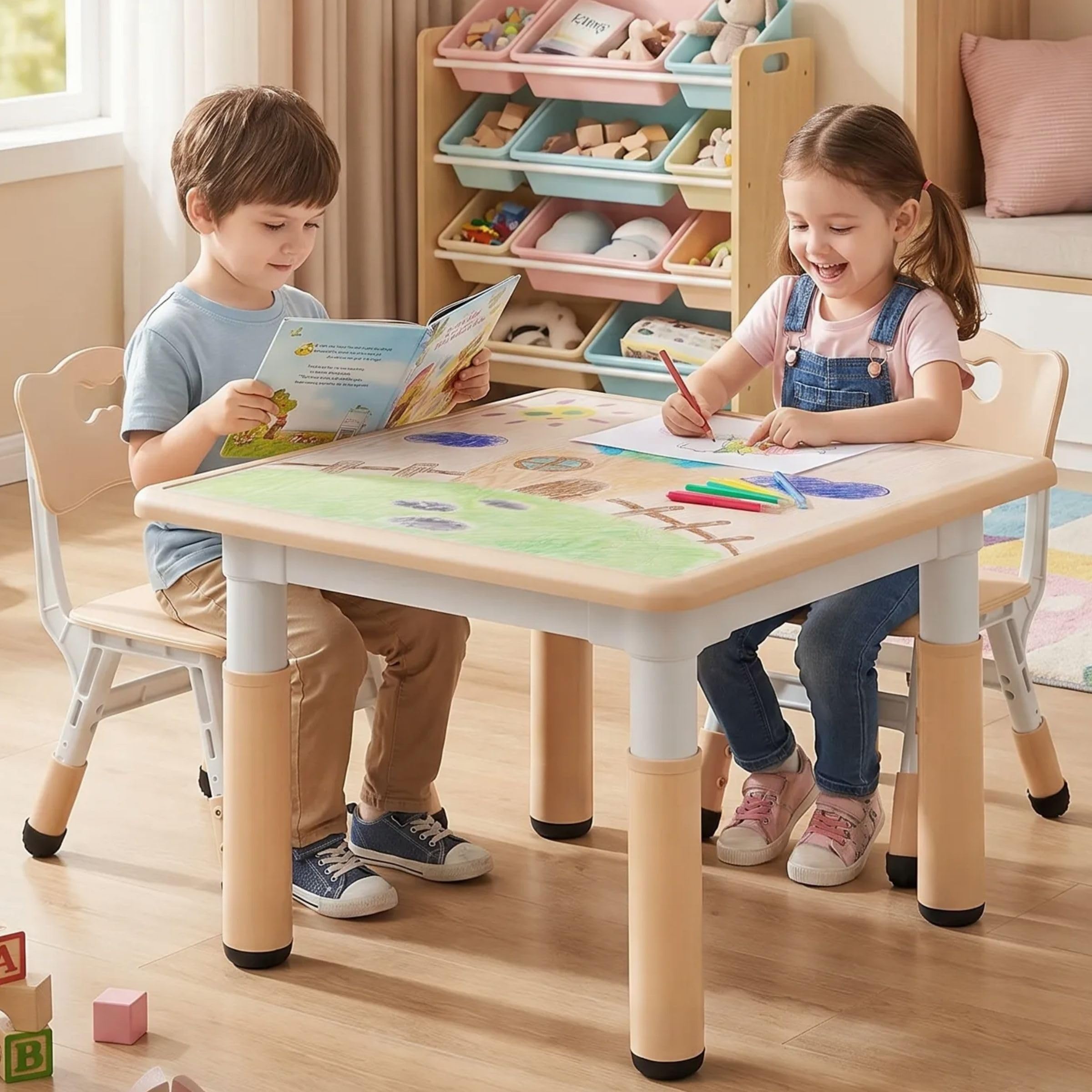 Kindertisch mit 2 Stühlen, Kindersitzgruppe Höhenverstellbar Packung, Tisch Stuhl Set für Kinderzimmer, Plastik Kindermöbel, Maltisch Sitzgruppe für Mädchen ab 3 Jahre（Gelb, Quadratischen Tisch）