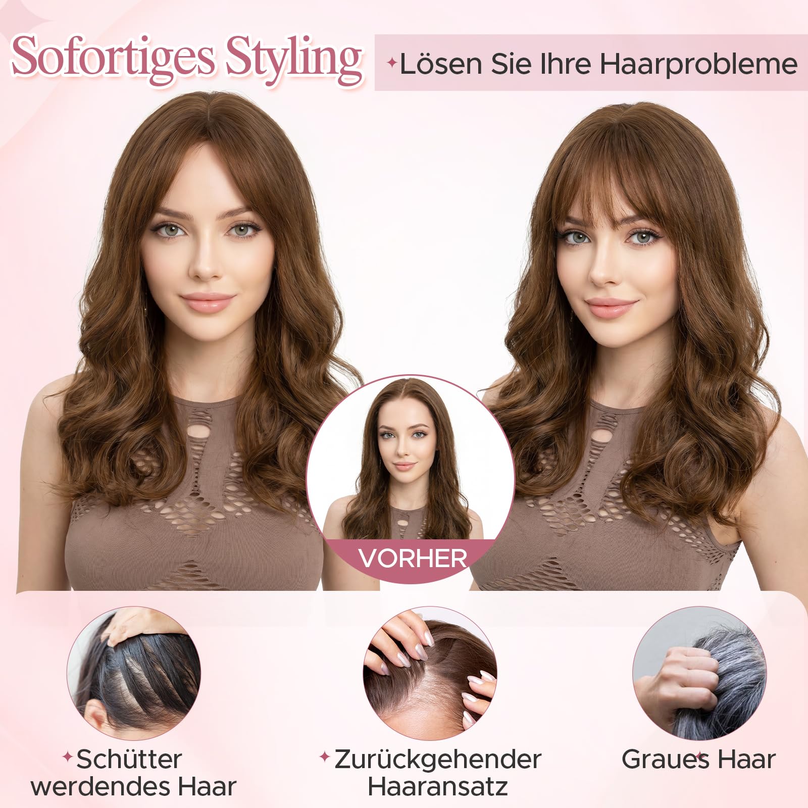 SEGOHAIR Echthaar Hair Topper für Frauen mit Wispy Pony Handgebundene 3,54" x 4,72" Lace-Basis-Haarteil mit 3 Clips einfaches Clip-in leichte atmungsaktive Basis #02 Mokkabraun