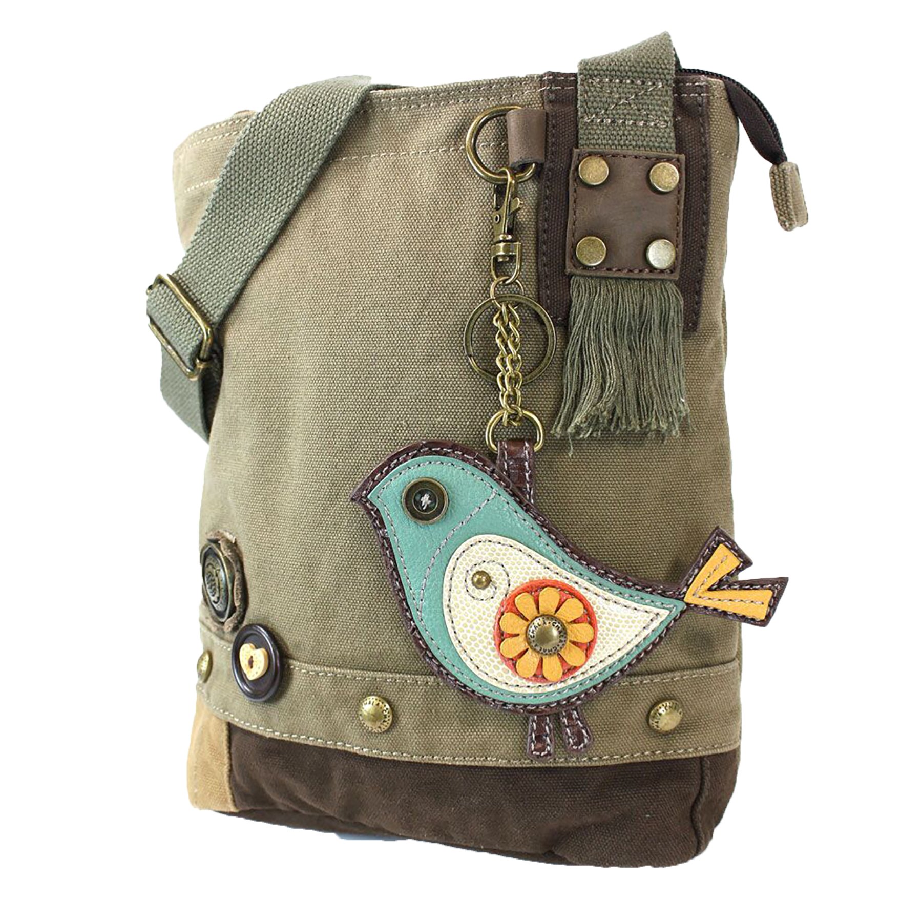 CHALA Patch Cross-Body Women Handbag, Olive Canvas Messenger Bag - Green Bird
