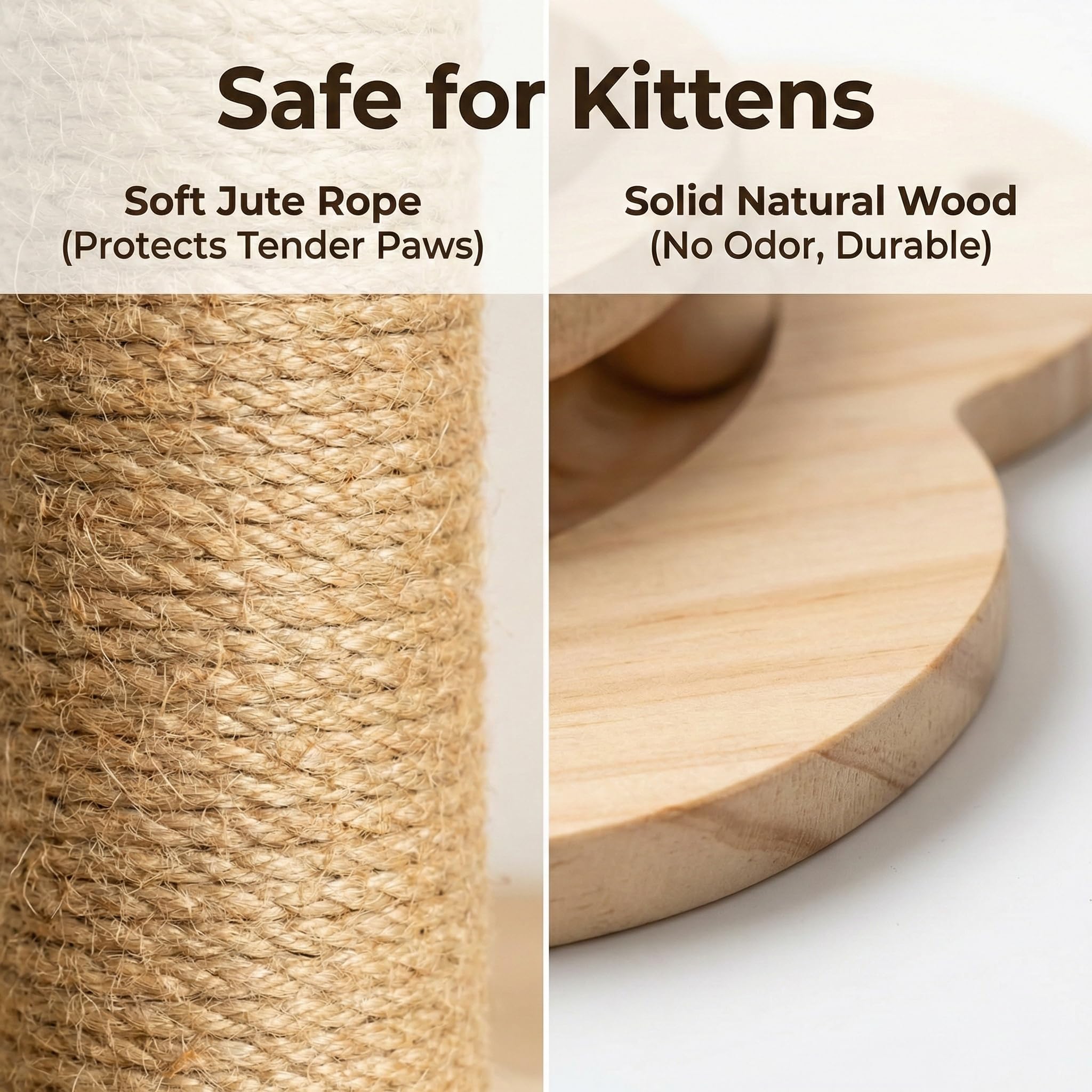 Rascador para Gatitos de Madera - Poste de Rascado Interactivo con Circuito de Bolas y Pluma - Árbol para Gatos Pequeño (46cm) de Cuerda de Yute Natural - Base Antideslizante y Estable (Beige)