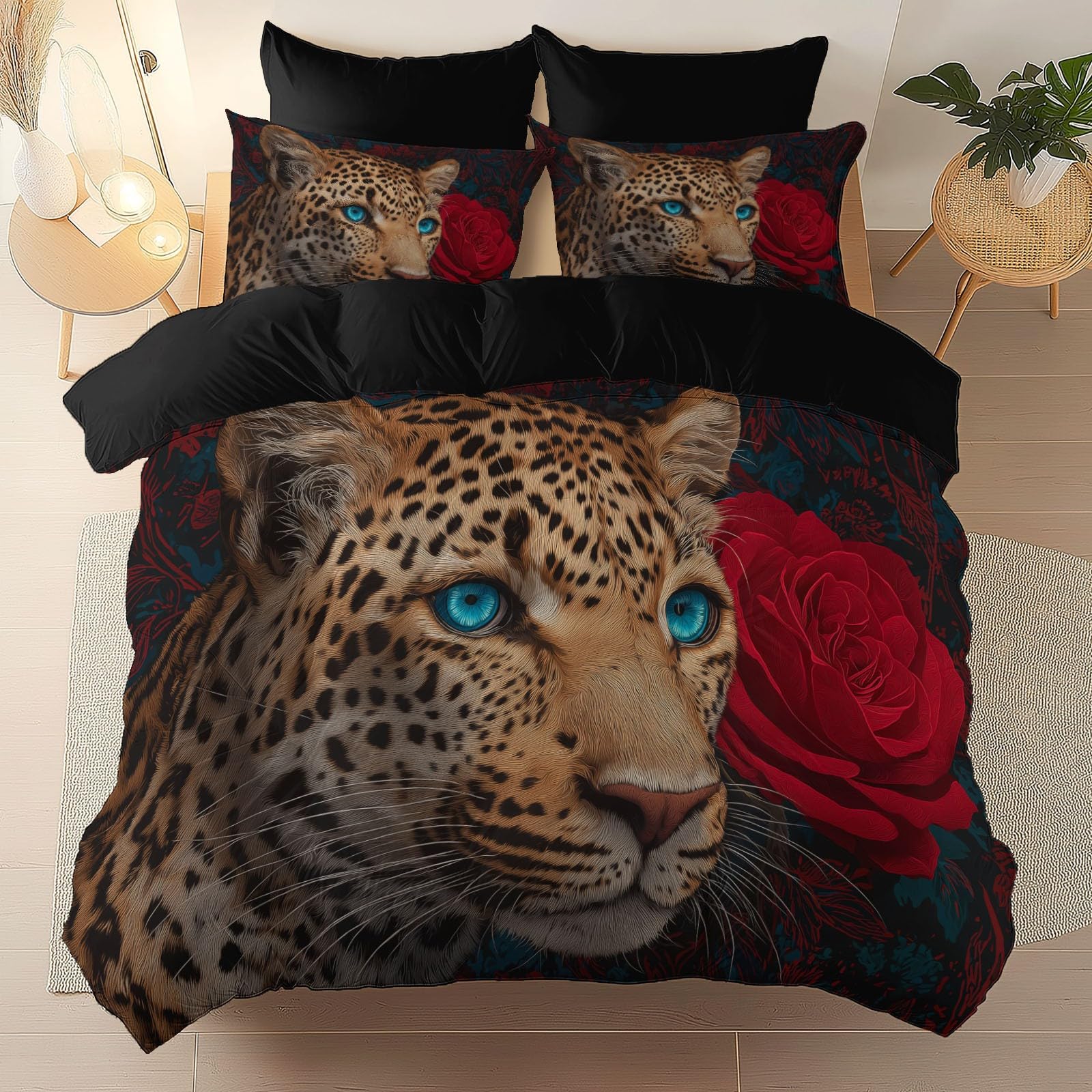 Parure de lit léopard 240x260 microfibre respirante imprimée rose rouge noir réversible 3 pièces