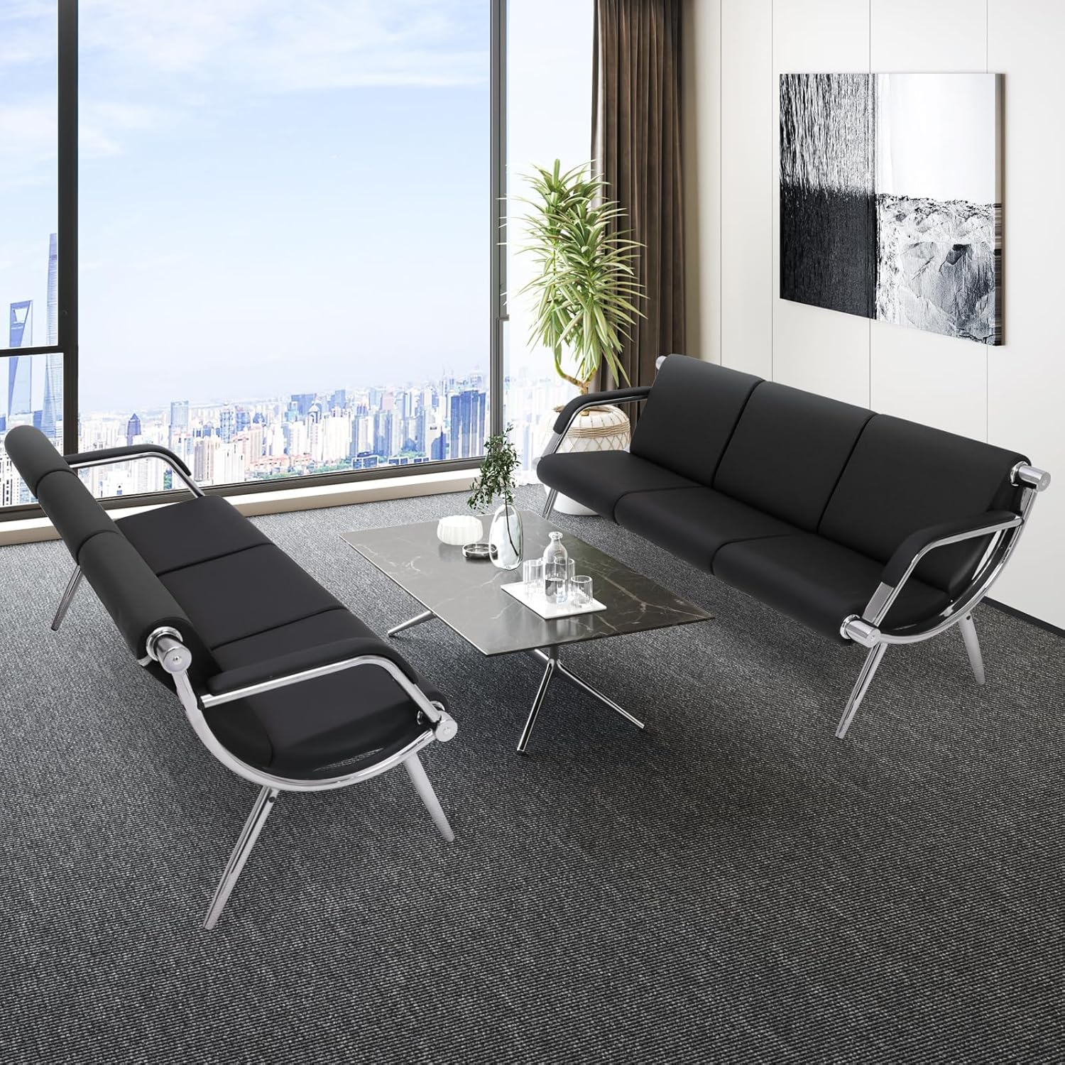 Waiting Room Bench with Armrest, Lobby Conference Reception Bench, PU Leather Office Furniture,Office Guest Seating for Clinic,Airport,Hospital,Barber,Salon,Bank (Chrome & Black, 3-Seat)