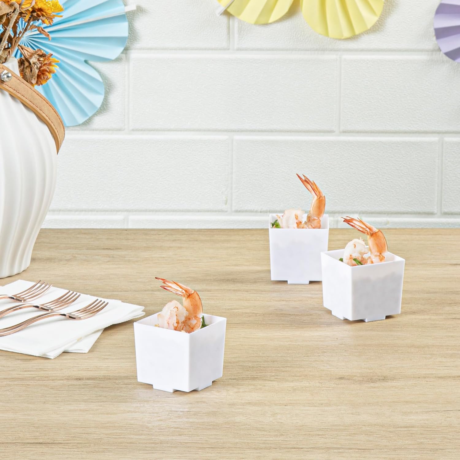 Restaurantware 3 Ounce Mini Dessert Cups 100 Square Small Appetizer Cups - Disposable Heavy-Duty White Plastic Parfait Cups Serve Mousse Puddings Snacks Or Samples For Weddings Or Parties
