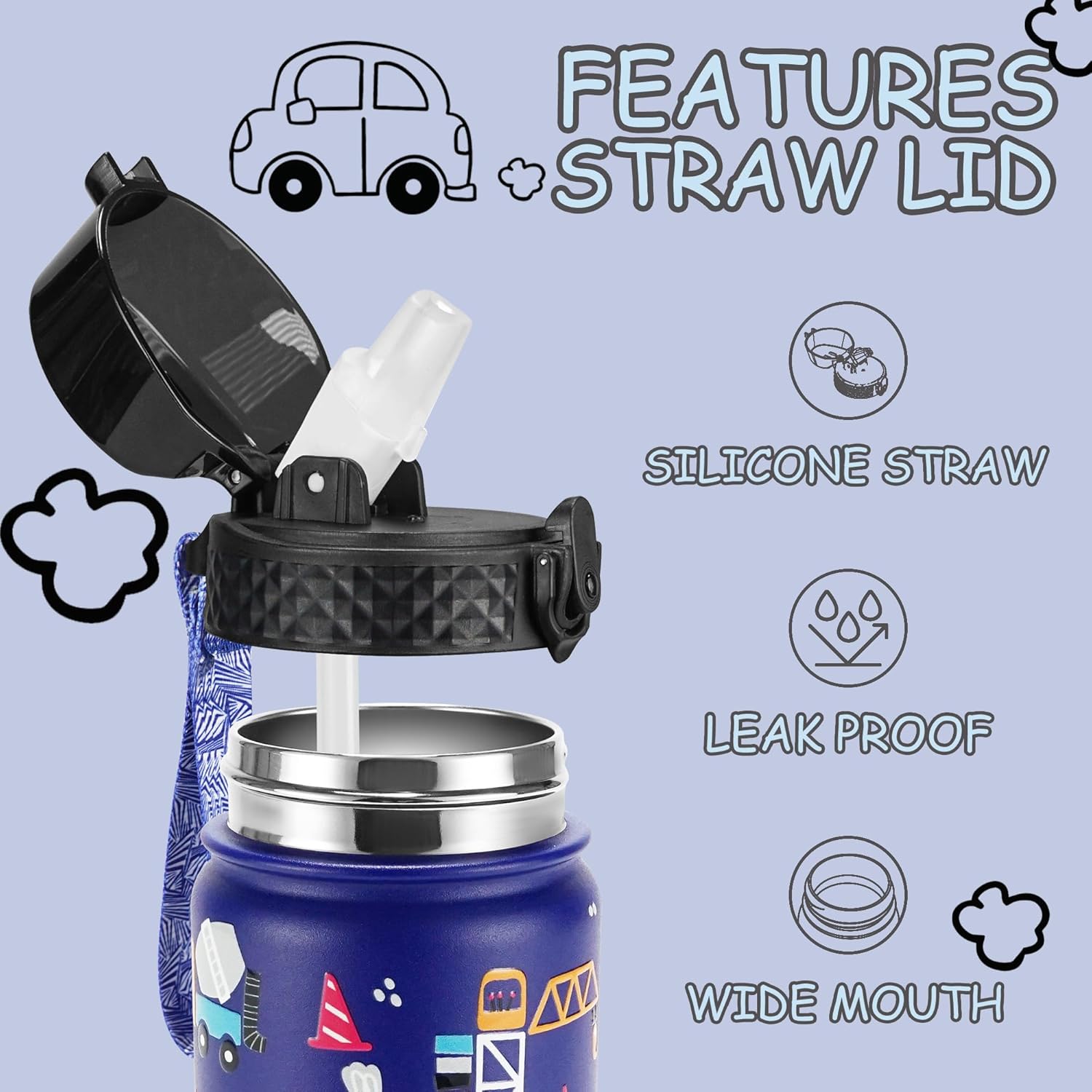 GOPPUS Kids Water Bottle (Straw Lid) - 14 Oz Stainless Steel Travel Bottle, Double Wall Vacuum Leak Proof Kids Cup for School Boys Girls,Blue engineering car - Image 3