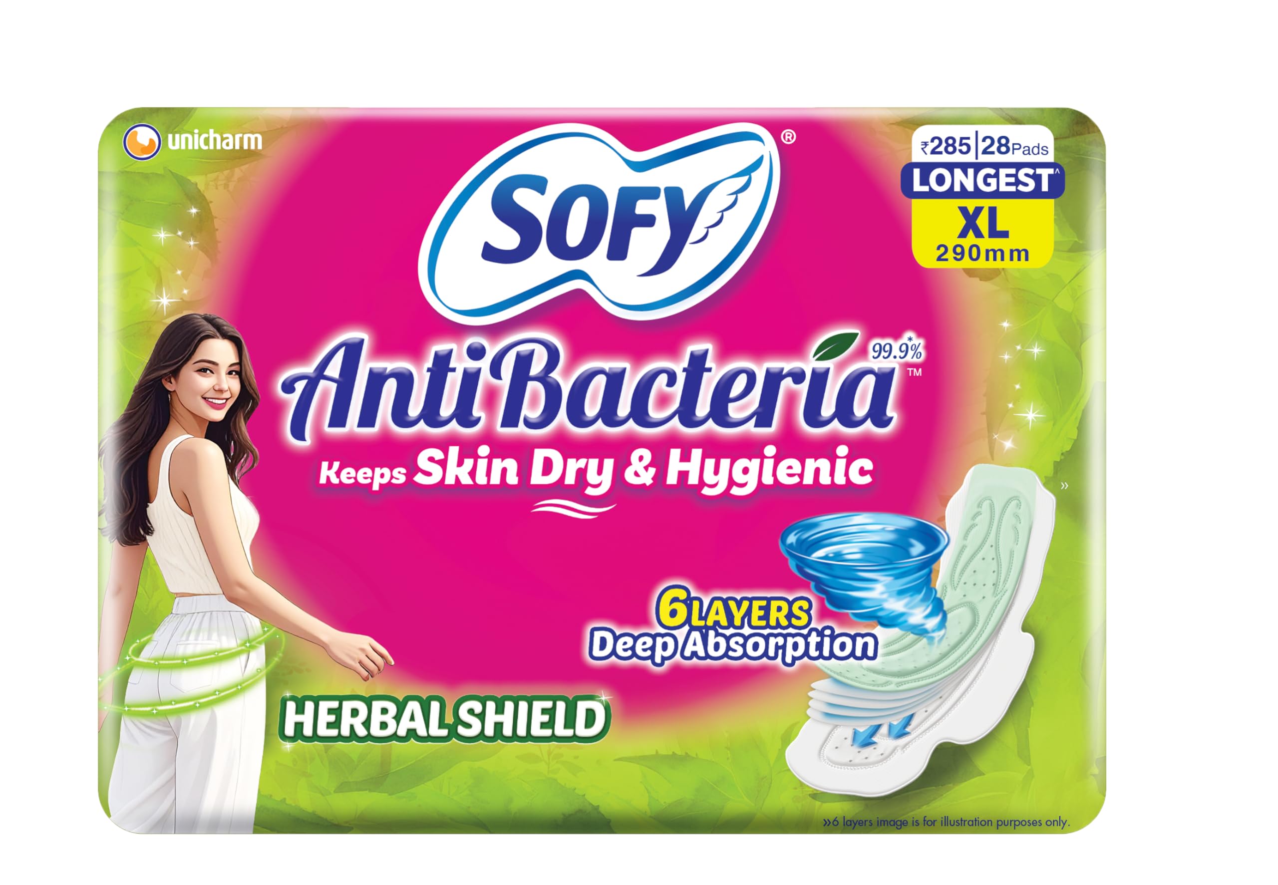 Sofy AntiBacteria XL - 290mm | 28 Pads | For Women| Sanitary Pads | Keep Skin Dry | 6 Layer Deep Absorption | Herbal Shield | Hygiene & Herbs | X-Large