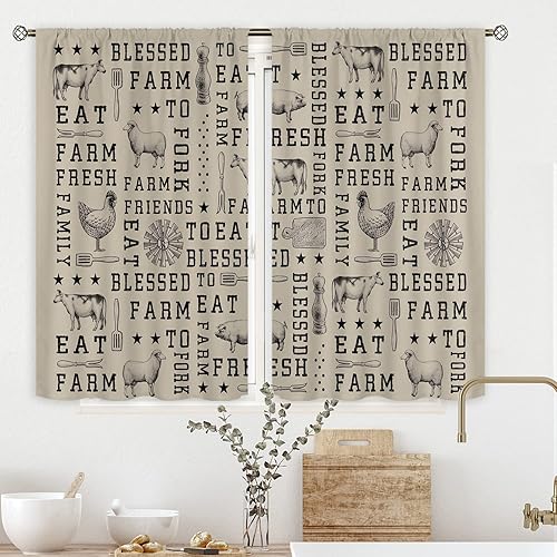 Cinbloo Farmhouse Animal Curtains 27.5Wx39H Inch Rod Pocket Vintage Country Farm Chicken Cow Pig Western Kitchen Decor Rustic Sketch Windmill Small Living Room Window Drapes Treatment Fabric 2 Panels