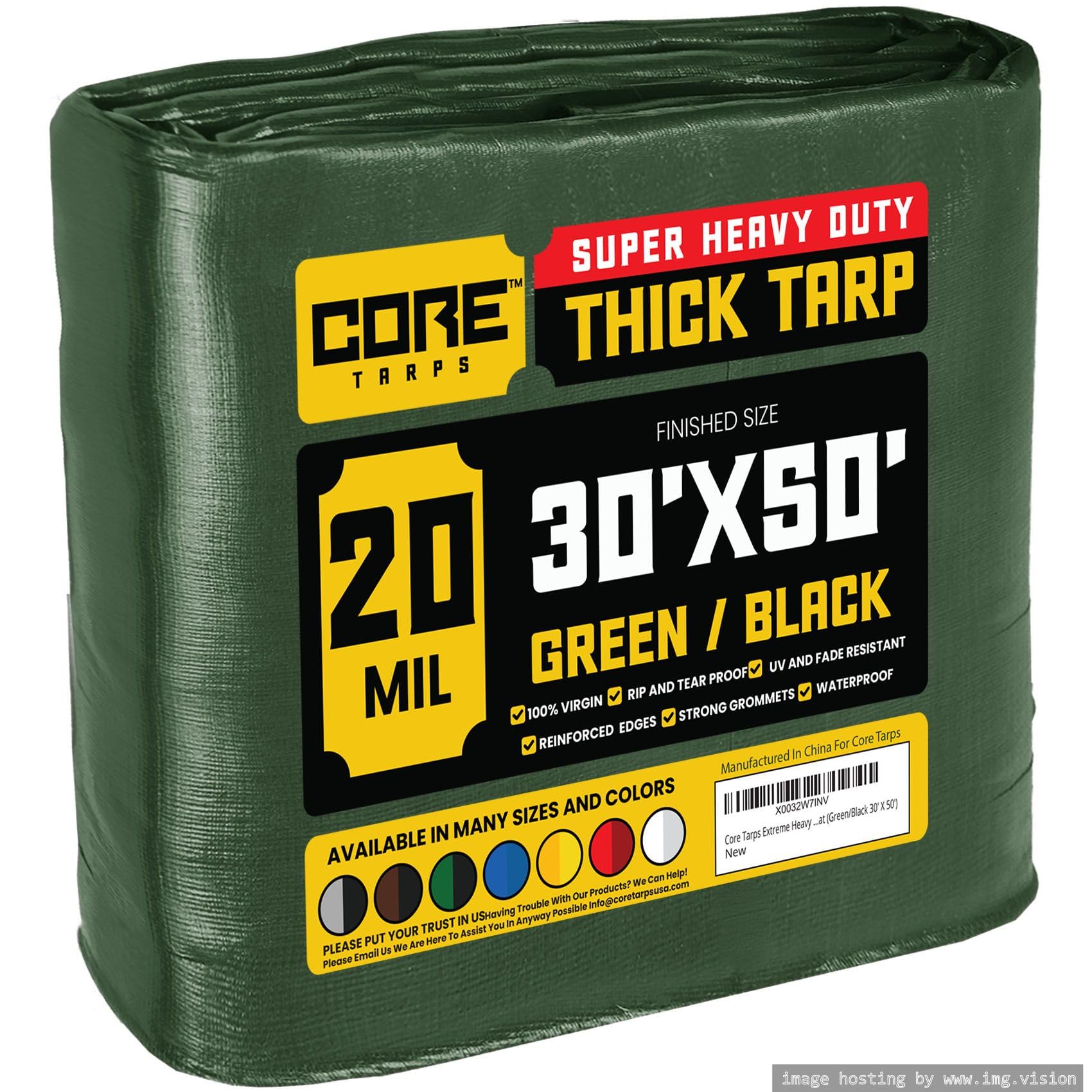 Core Tarps Extreme Heavy Duty 20 Mil Tarp Cover, Waterproof, UV Resistant, Rip and Tear Proof, Poly Tarpaulin with Reinforced Edges for Roof, Patio, Pool, Boat (Green/Black 30′ X 50′)