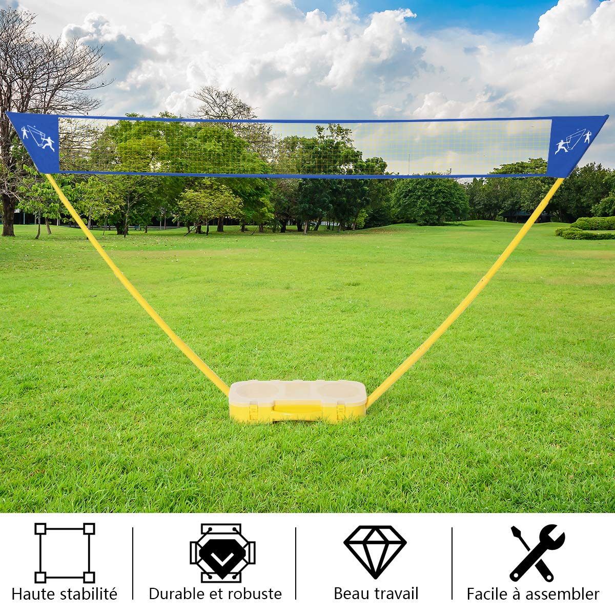 COSTWAY Filet de Badminton Portable 3M x 1,5 M avec Base de Rangement et Sac de Transport Set de Badminton 4 Raquettes, 2 Volants Installation Rapide pour Jeu de Plage,de Jardin