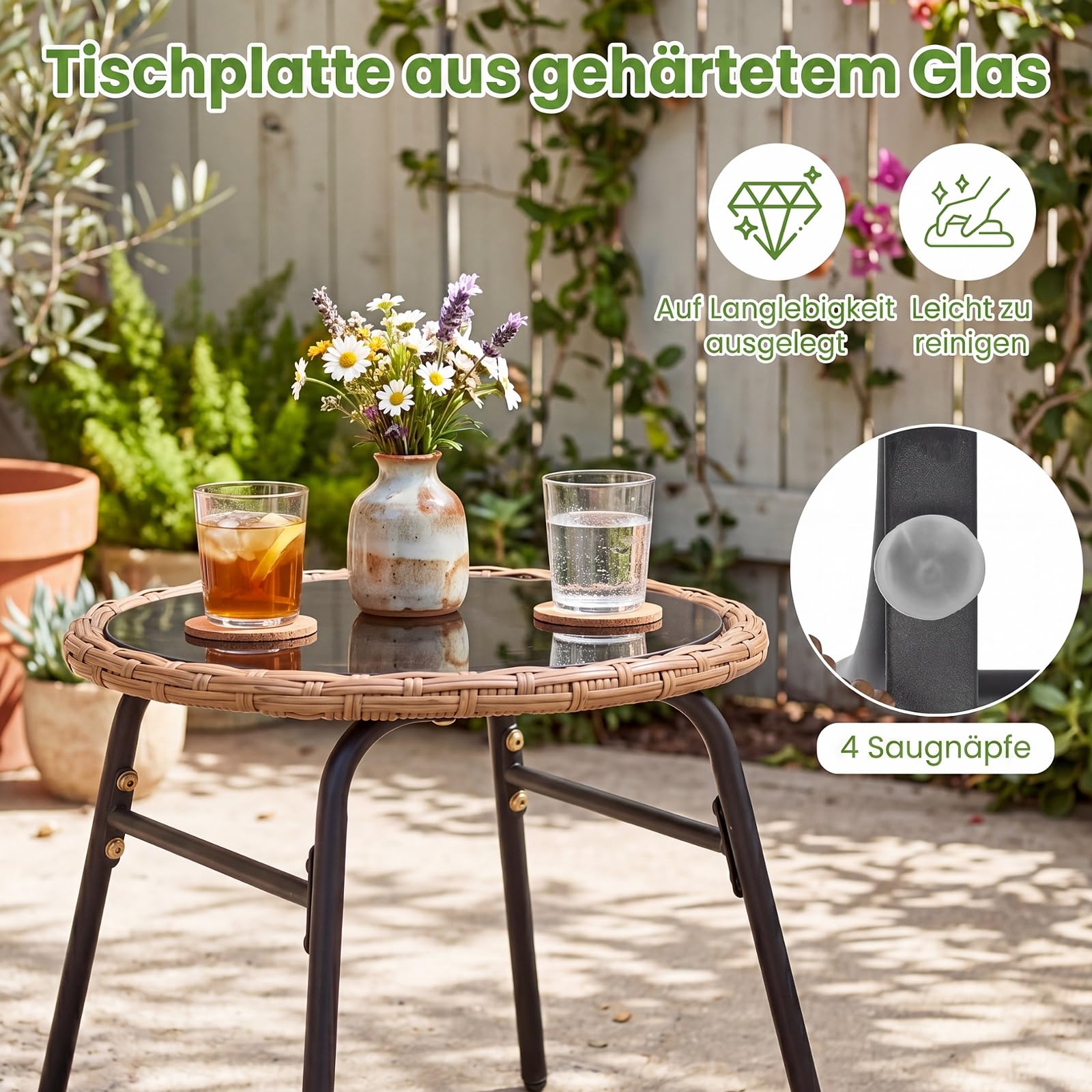 COSTWAY 3-częściowy zestaw mebli ogrodowych z rattanu, zestaw bistro dla 2 osób, meble balkonowe ze szklanym stołem i ergonomicznymi krzesłami, zestaw do siedzenia z poduszkami, na balkon, taras i do