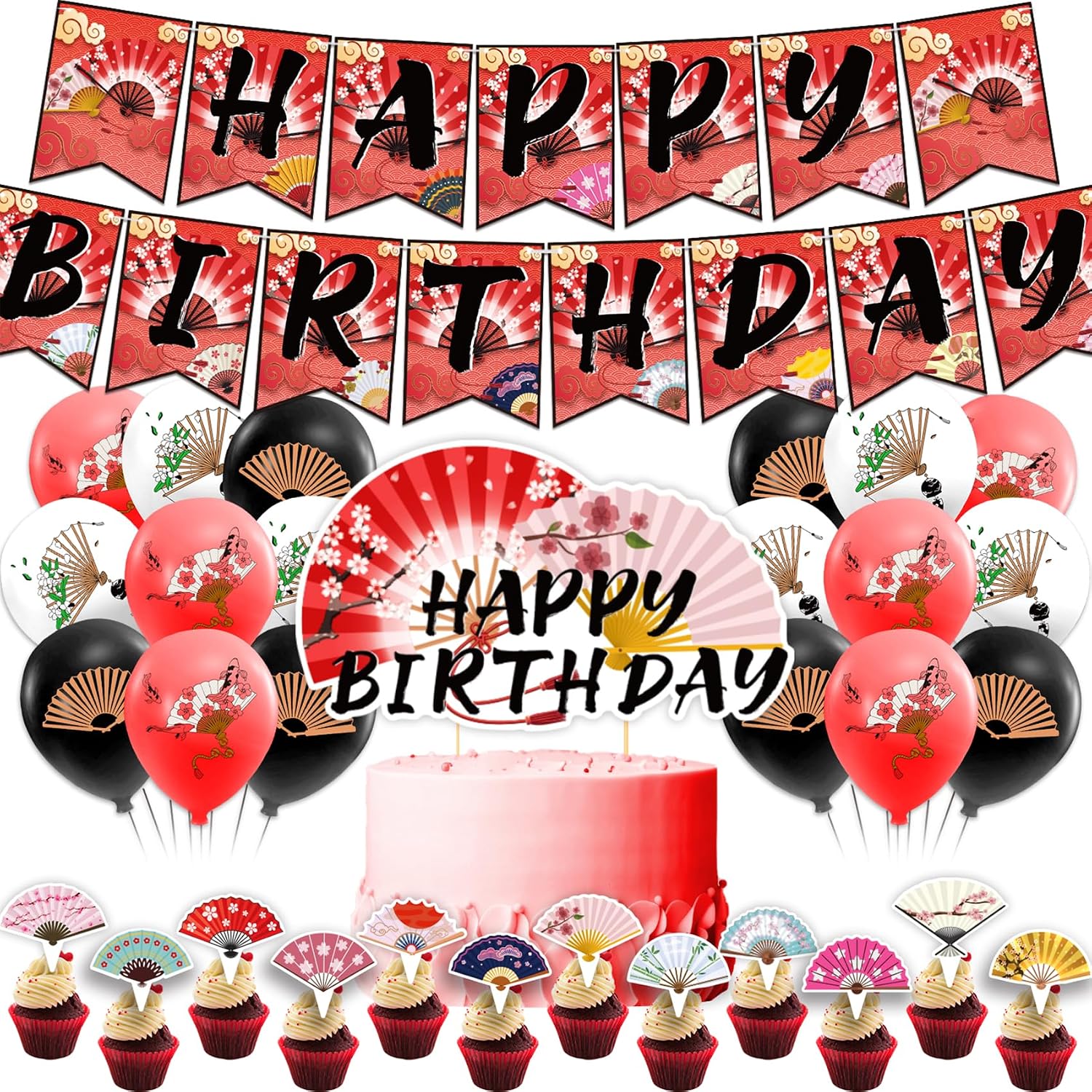 Party Decorations Folding Fans - Birthday Party Supplies Includes Chinese, Japanese Fans, Birthday Banner, Cake Topper, Cupcake Toppers, Balloons