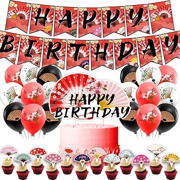 Party Decorations Folding Fans - Birthday Party Supplies Includes Chinese, Japanese Fans, Birthday Banner, Cake Topper, Cupcake Toppers, Balloons