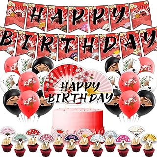 Party Decorations Folding Fans - Birthday Party Supplies Includes Chinese, Japanese Fans, Birthday Banner, Cake Topper, Cupcake Toppers, Balloons