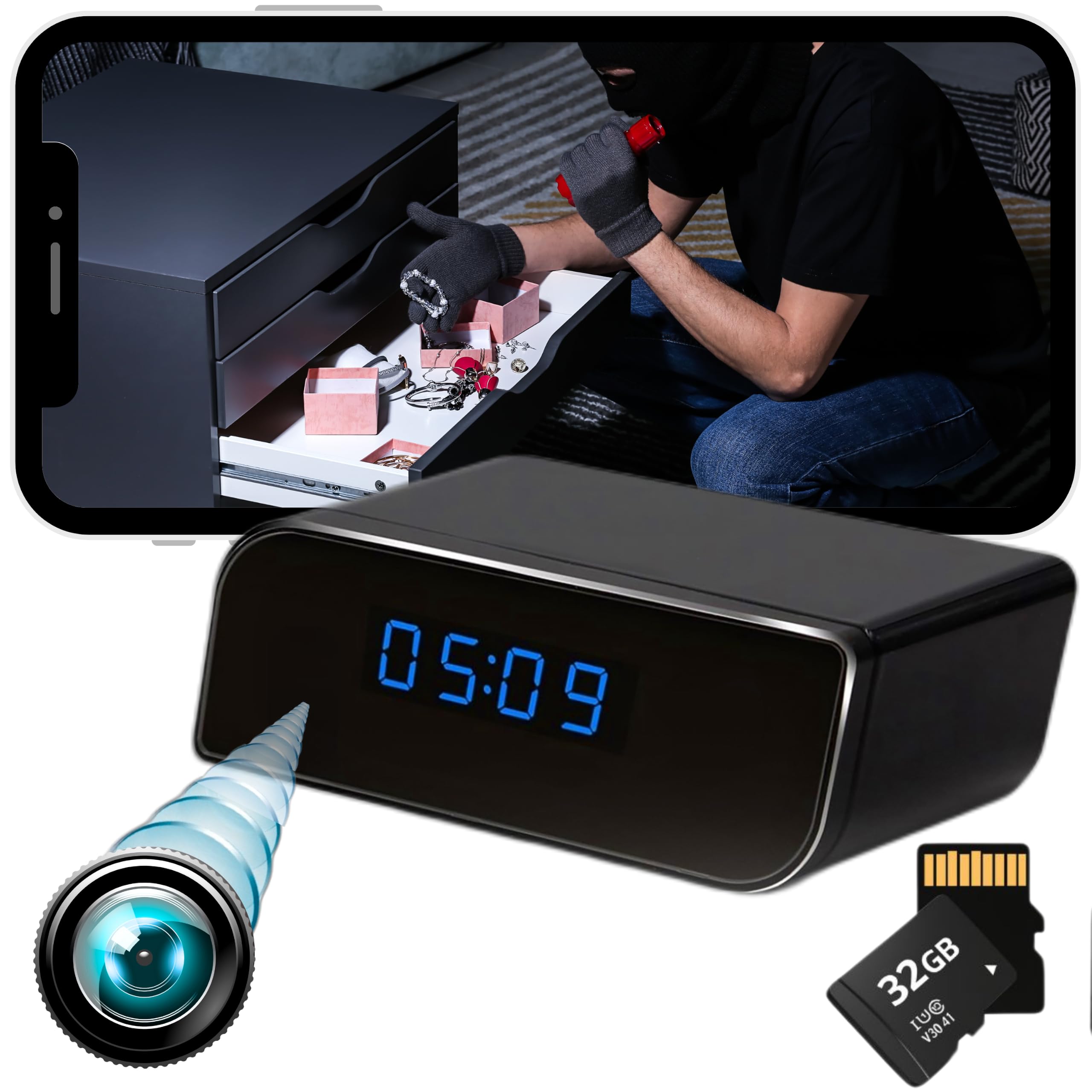 Camara Espia WiFi Camuflada, Mini Camara Espia Oculta Reloj, Camara Vigilancia Domicilio (sin Luz de Grabación sin Botones) Totalmente Indetectable 1080P Real, Visión Nocturna No Invansiva