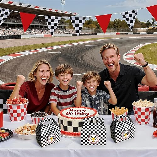 Vista 5 de 24 cajas de regalo de fiesta de coches de carreras, suministros de fiesta de cumpleaños, cajas de regalo de bandera a cuadros en blanco y negro